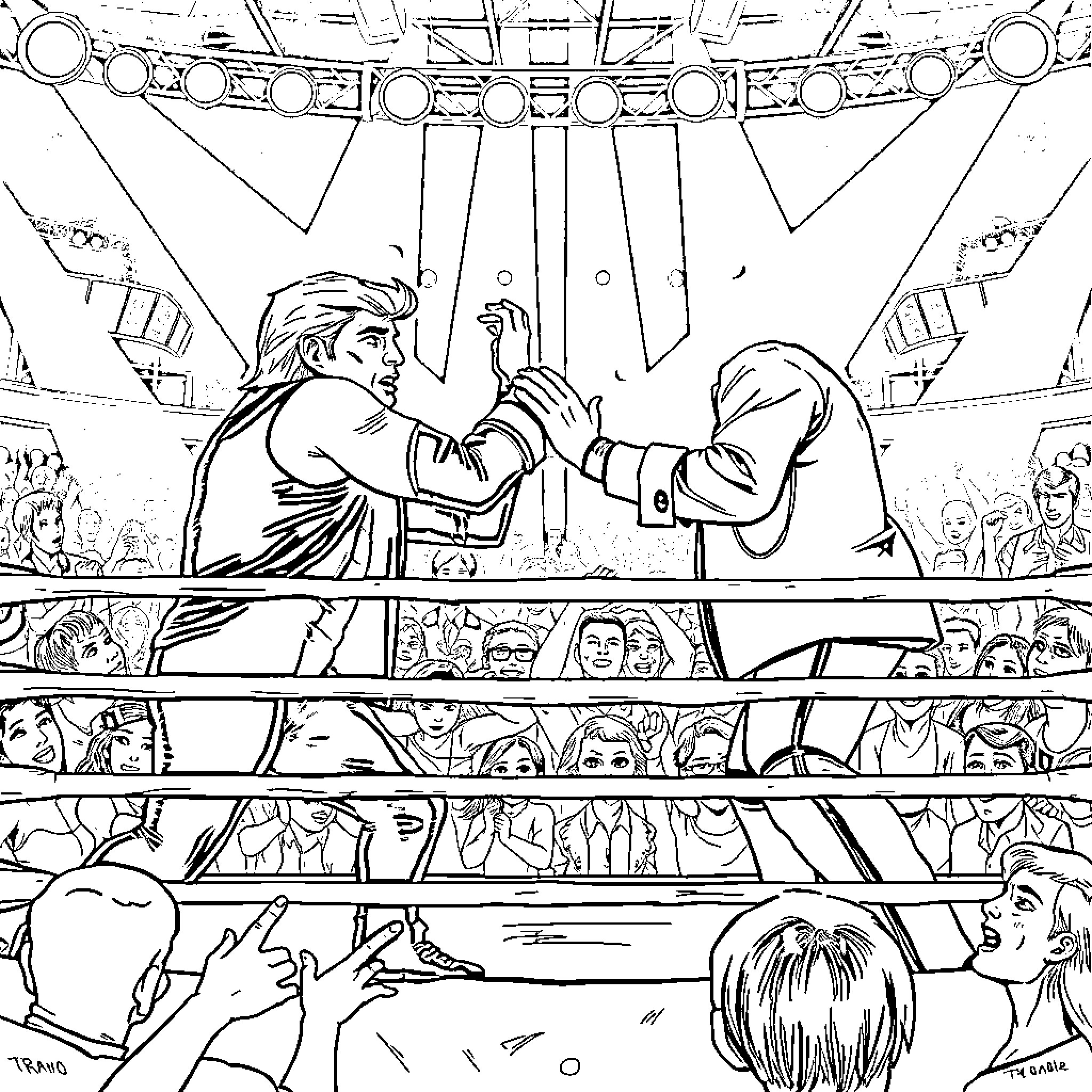 Jey Uso engaging in intense wrestling match Coloring Page (free black-and-white line drawing printable PDF for all, from beginners to advanced learners, including children, teens, adults, and seniors)