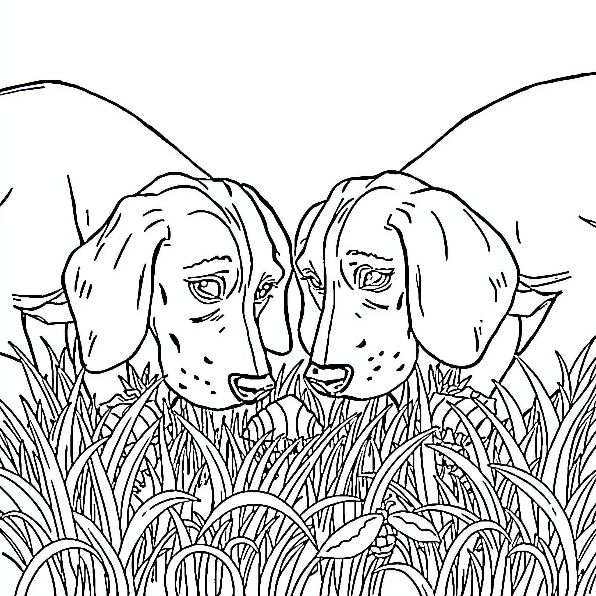 Hound Dogs lounging in tall grass Coloring Page (free black-and-white line drawing printable PDF for all, from beginners to advanced learners, including children, teens, adults, and seniors)