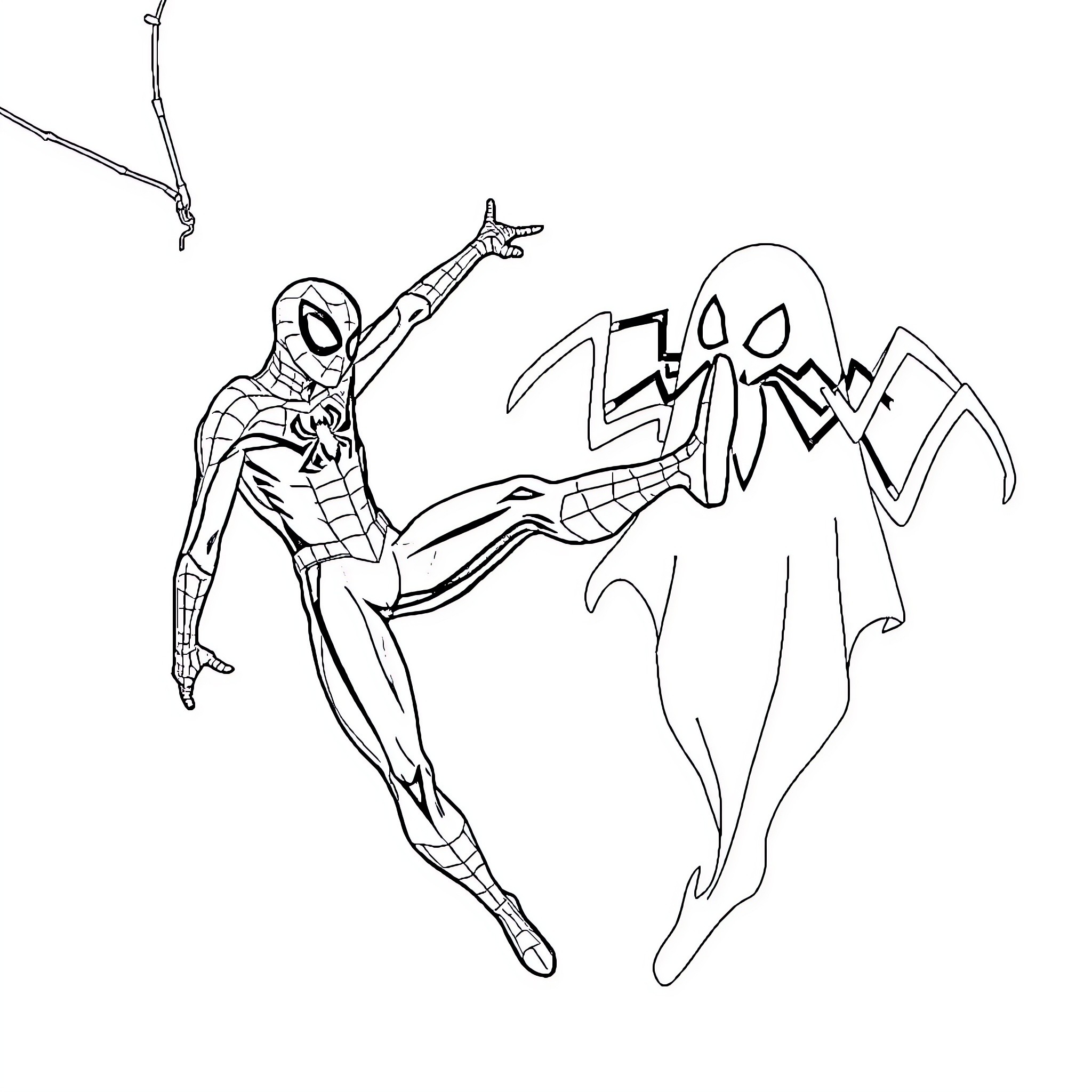 Spider hero battles monstrous foe Coloring Page (free black-and-white line drawing printable PDF for all, from beginners to advanced learners, including children, teens, adults, and seniors)