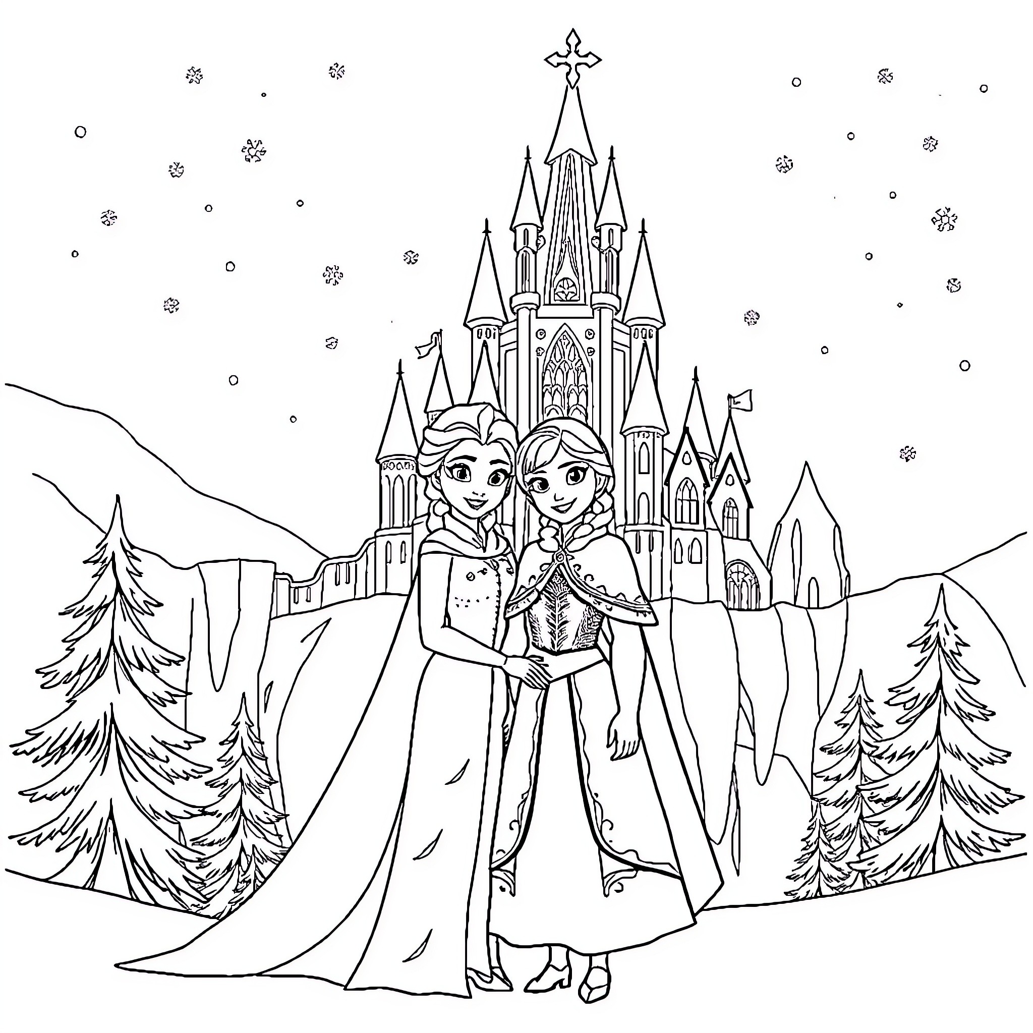 Elsa and Anna posing in front of a snowy castle Coloring Page (free black-and-white line drawing printable PDF for all, from beginners to advanced learners, including children, teens, adults, and seniors)