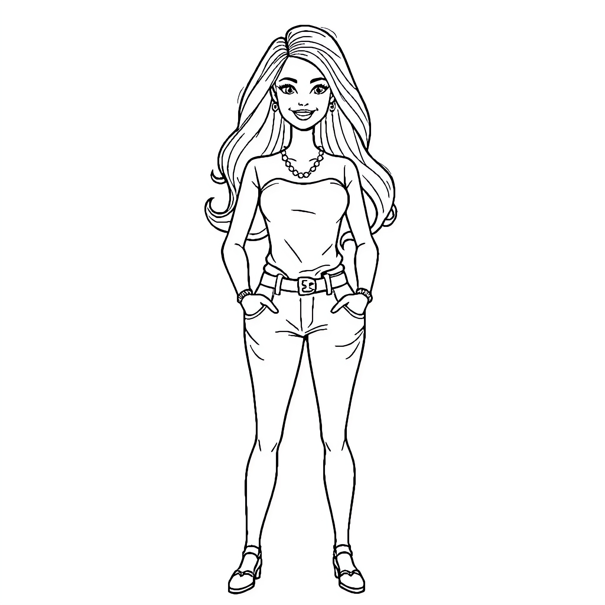 Barbie Enjoying Casual Outdoor Attire Coloring Page (free black-and-white line drawing printable PDF for all, from beginners to advanced learners, including children, teens, adults, and seniors)