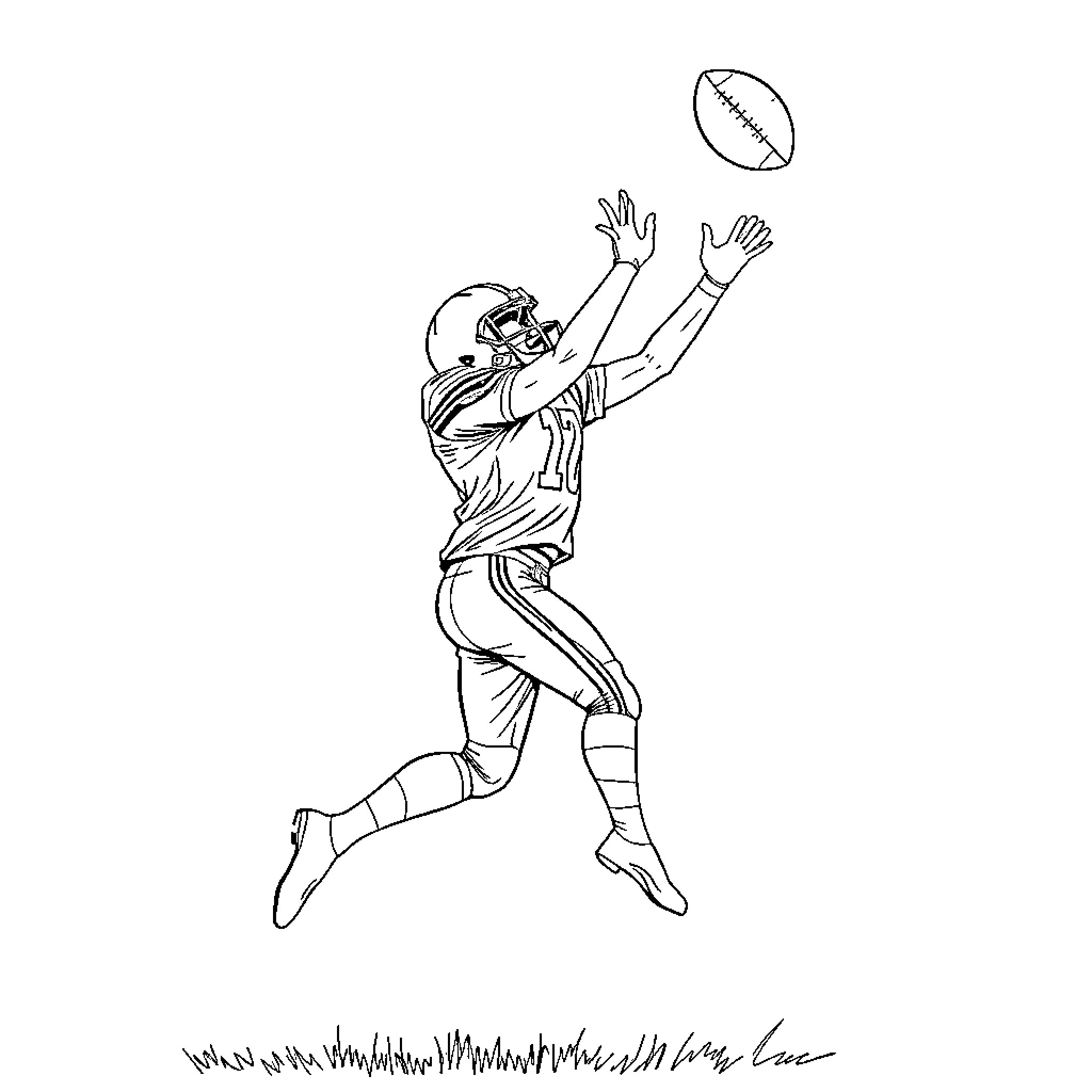 Football Player Leaping to Catch the Ball Coloring Page (free black-and-white line drawing printable PDF for all, from beginners to advanced learners, including children, teens, adults, and seniors)