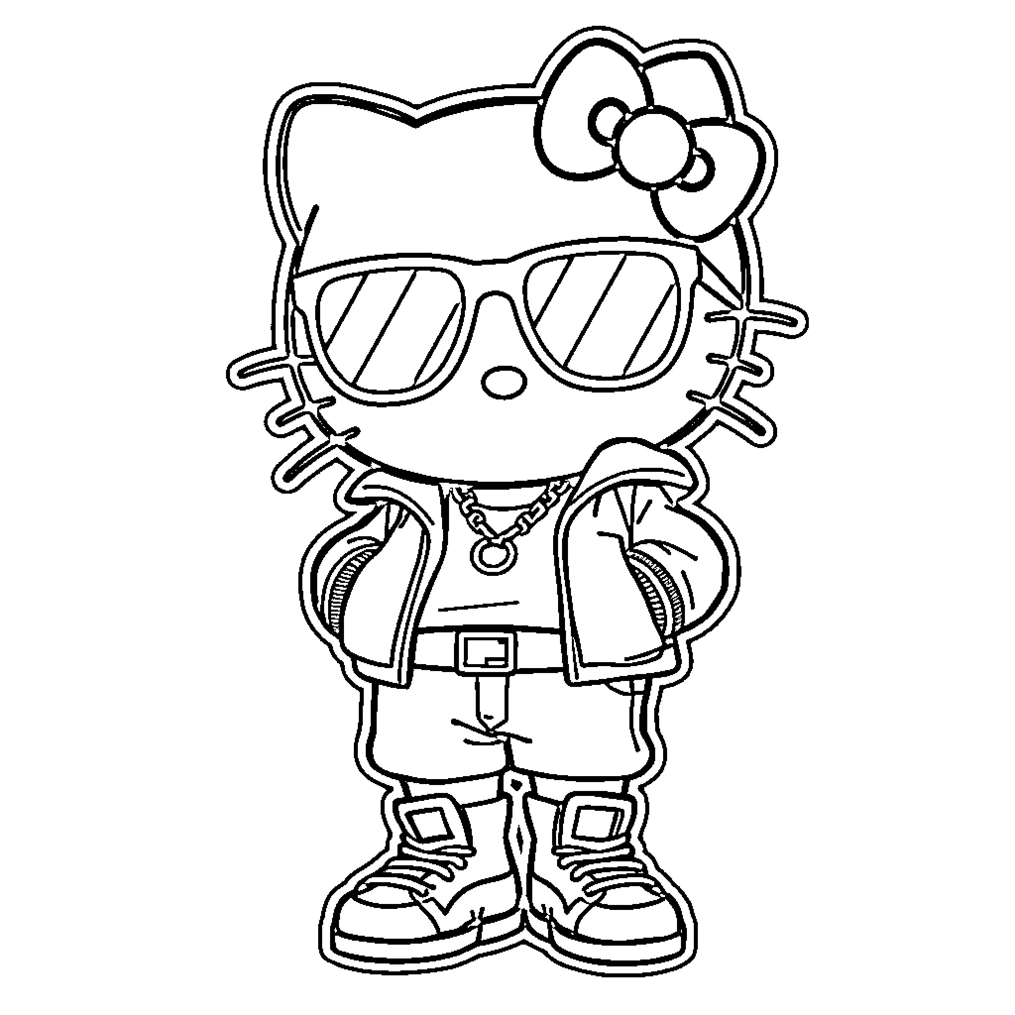 Hello Kitty wearing sunglasses and casual outfit Coloring Page (free black-and-white line drawing printable PDF for all, from beginners to advanced learners, including children, teens, adults, and seniors)
