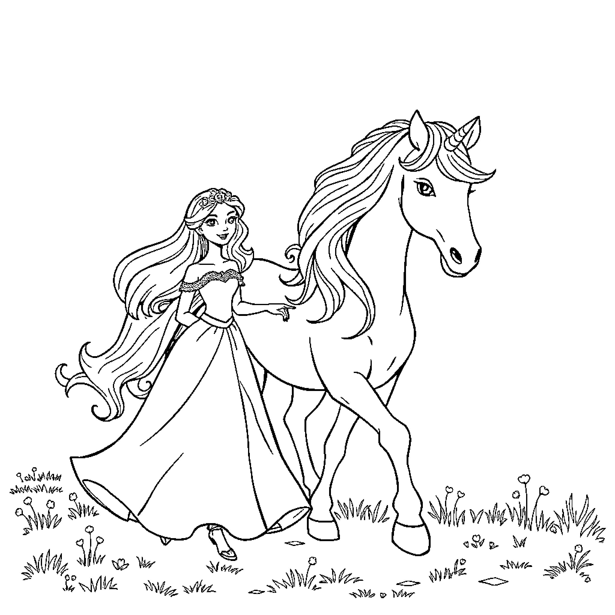 Princess enjoying time with her majestic horse Coloring Page (free black-and-white line drawing printable PDF for all, from beginners to advanced learners, including children, teens, adults, and seniors)