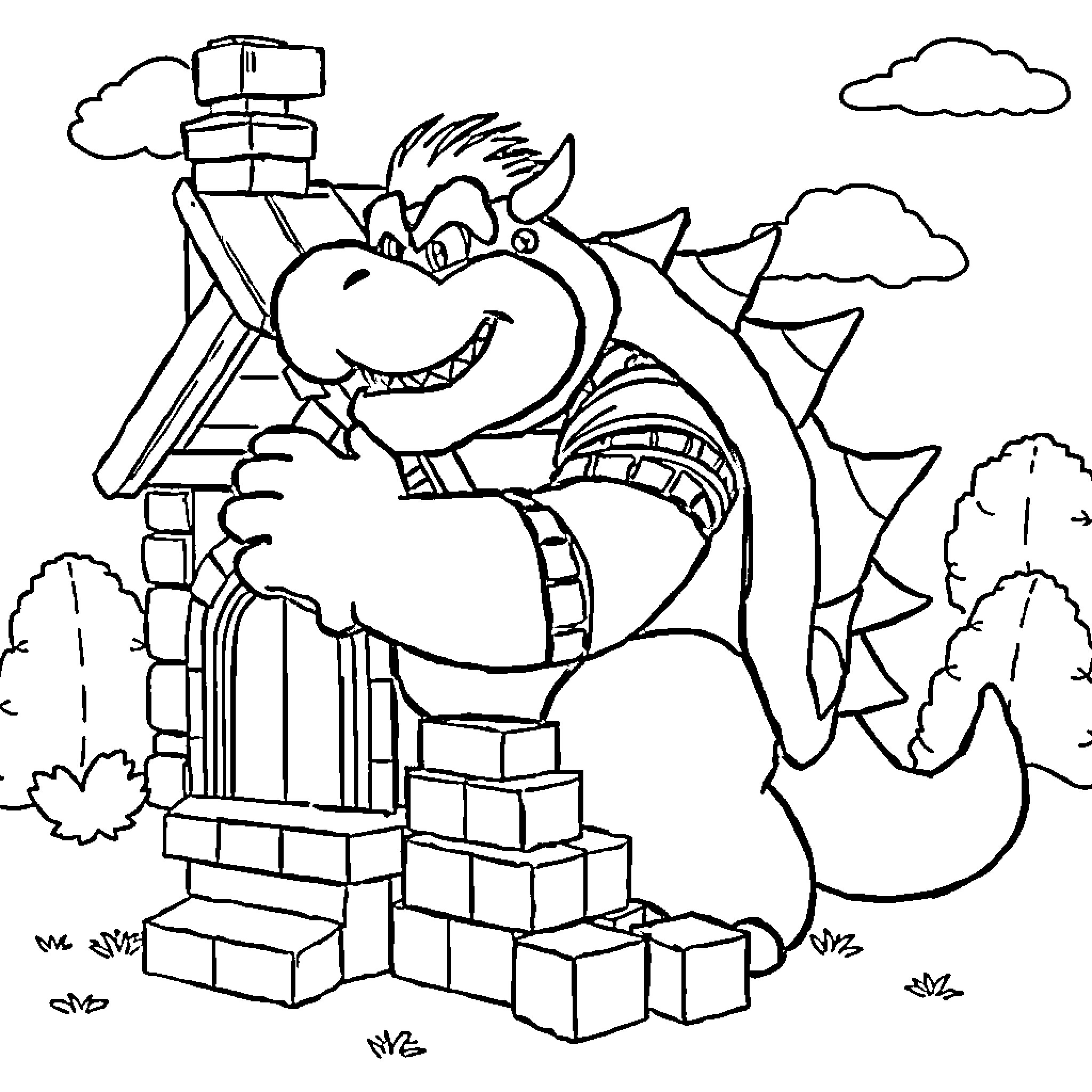 Bowser climbing up a pile of blocks in the park Coloring Page (free black-and-white line drawing printable PDF for all, from beginners to advanced learners, including children, teens, adults, and seniors)
