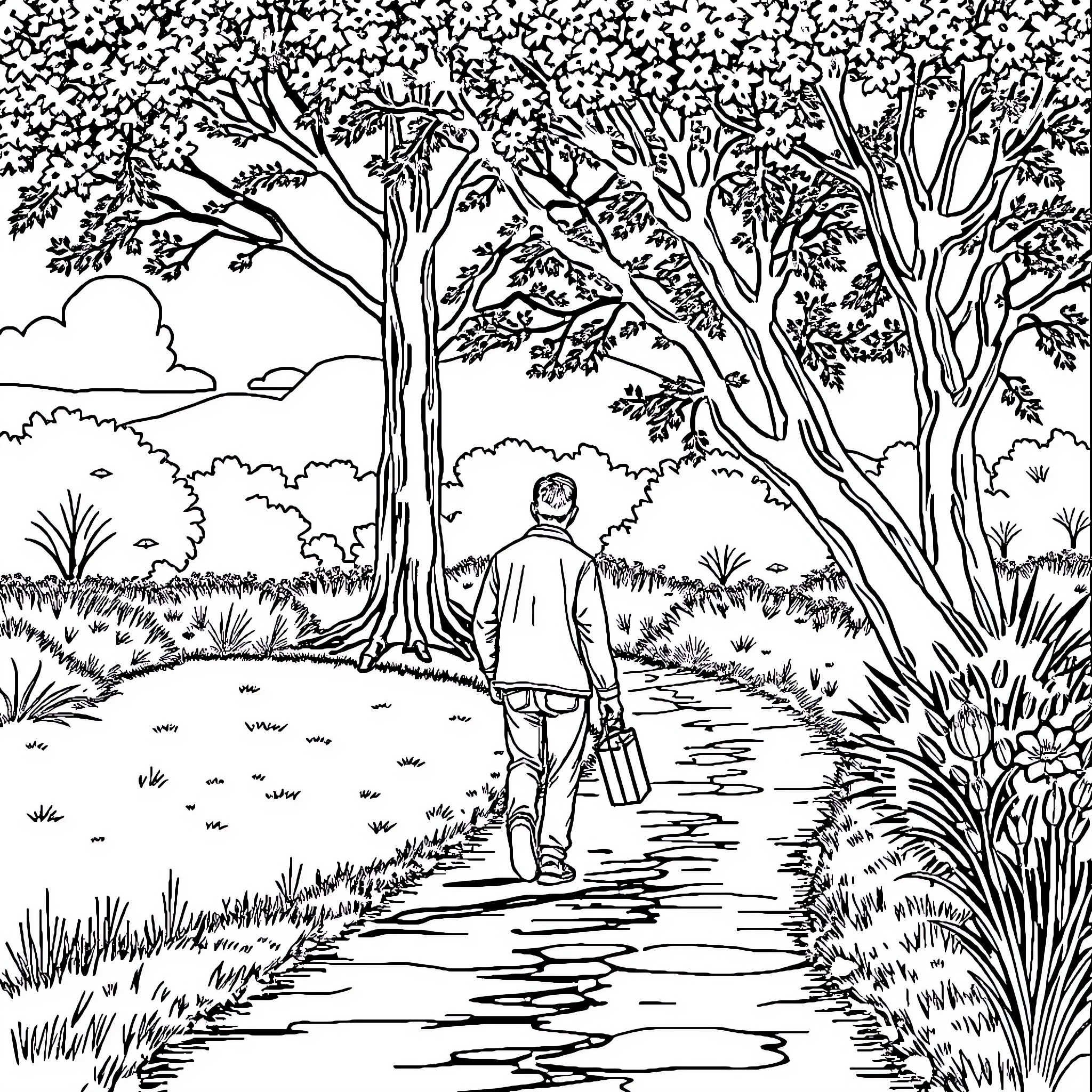 Man walking alone on a tranquil forest path Coloring Page (free black-and-white line drawing printable PDF for all, from beginners to advanced learners, including children, teens, adults, and seniors)