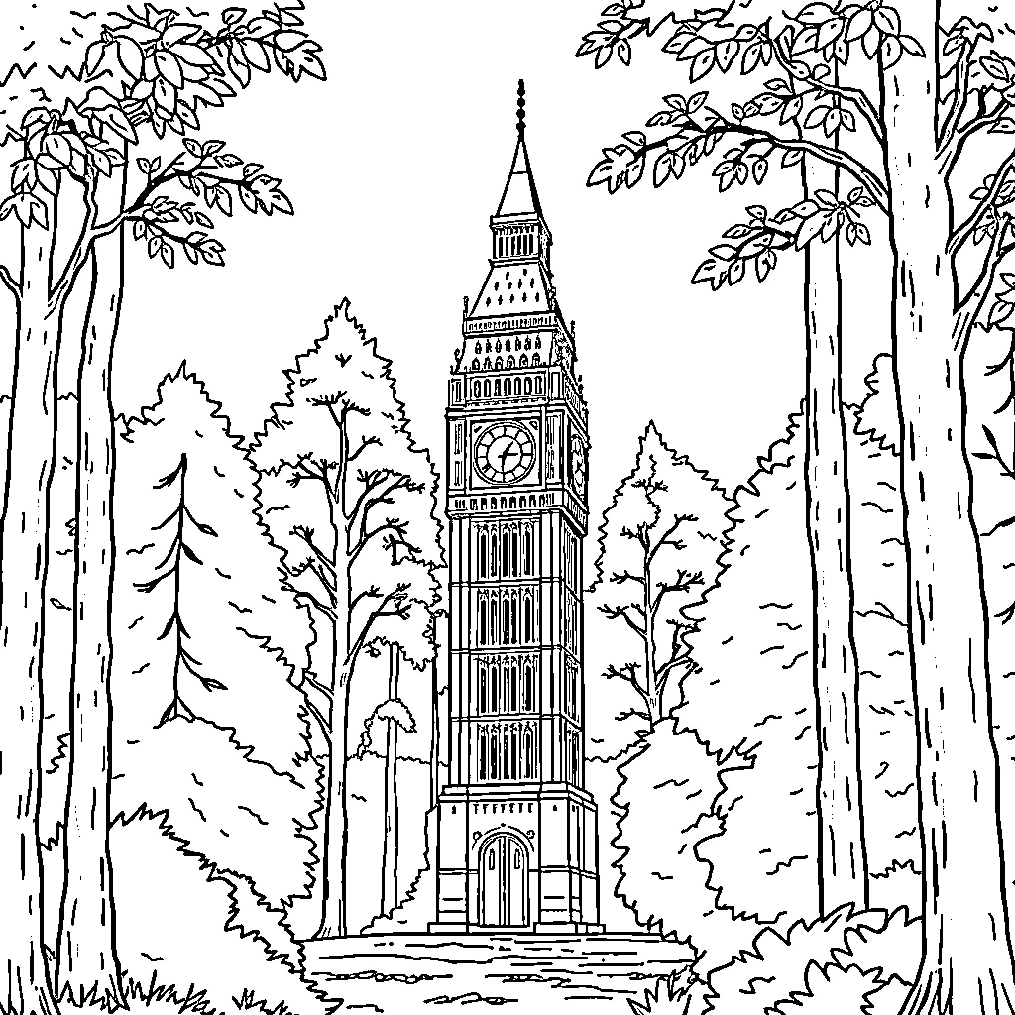 Big Ben standing tall in the forest landscape Coloring Page (free black-and-white line drawing printable PDF for all, from beginners to advanced learners, including children, teens, adults, and seniors)