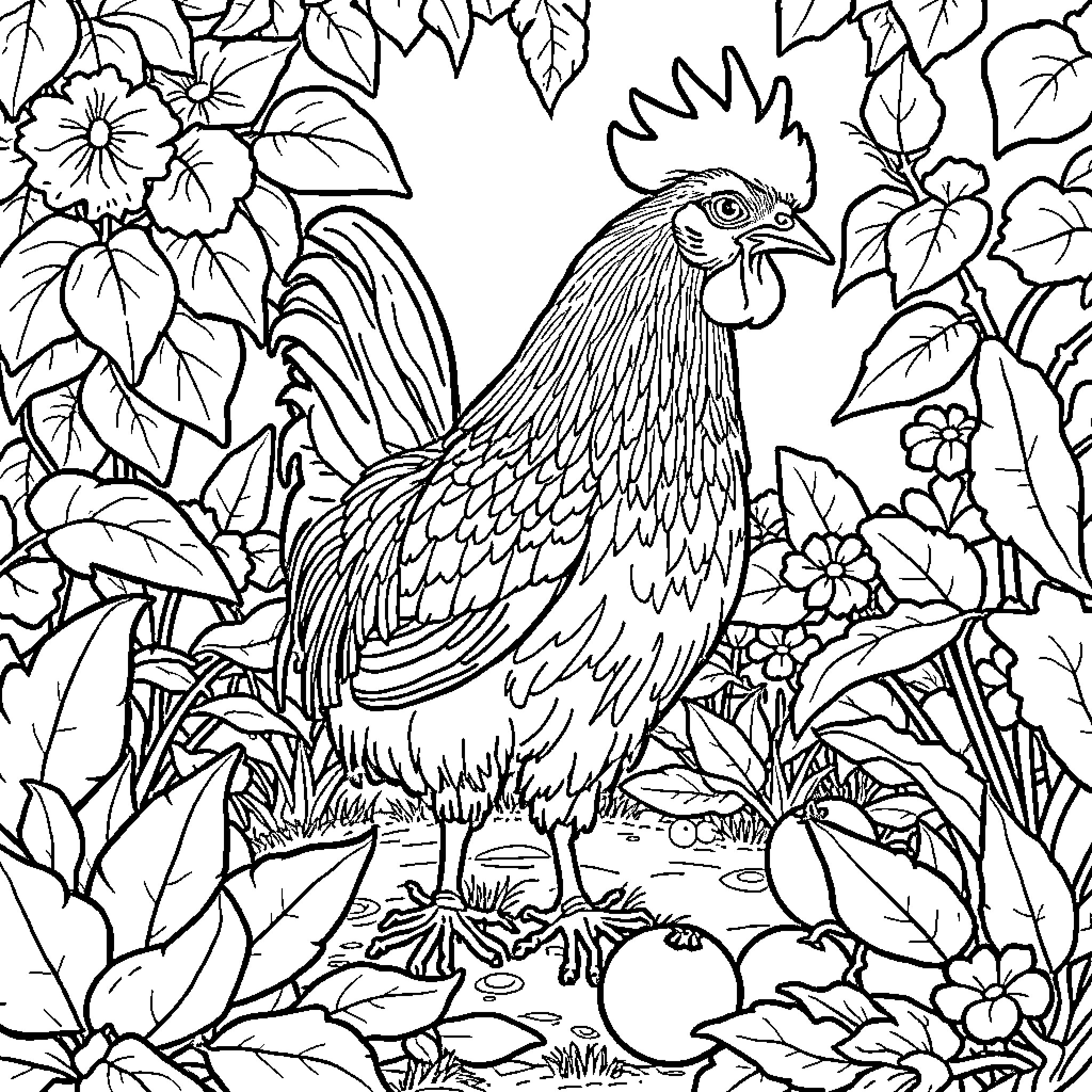 Gallo Strutting Amidst Vibrant Flora Coloring Page (free black-and-white line drawing printable PDF for all, from beginners to advanced learners, including children, teens, adults, and seniors)