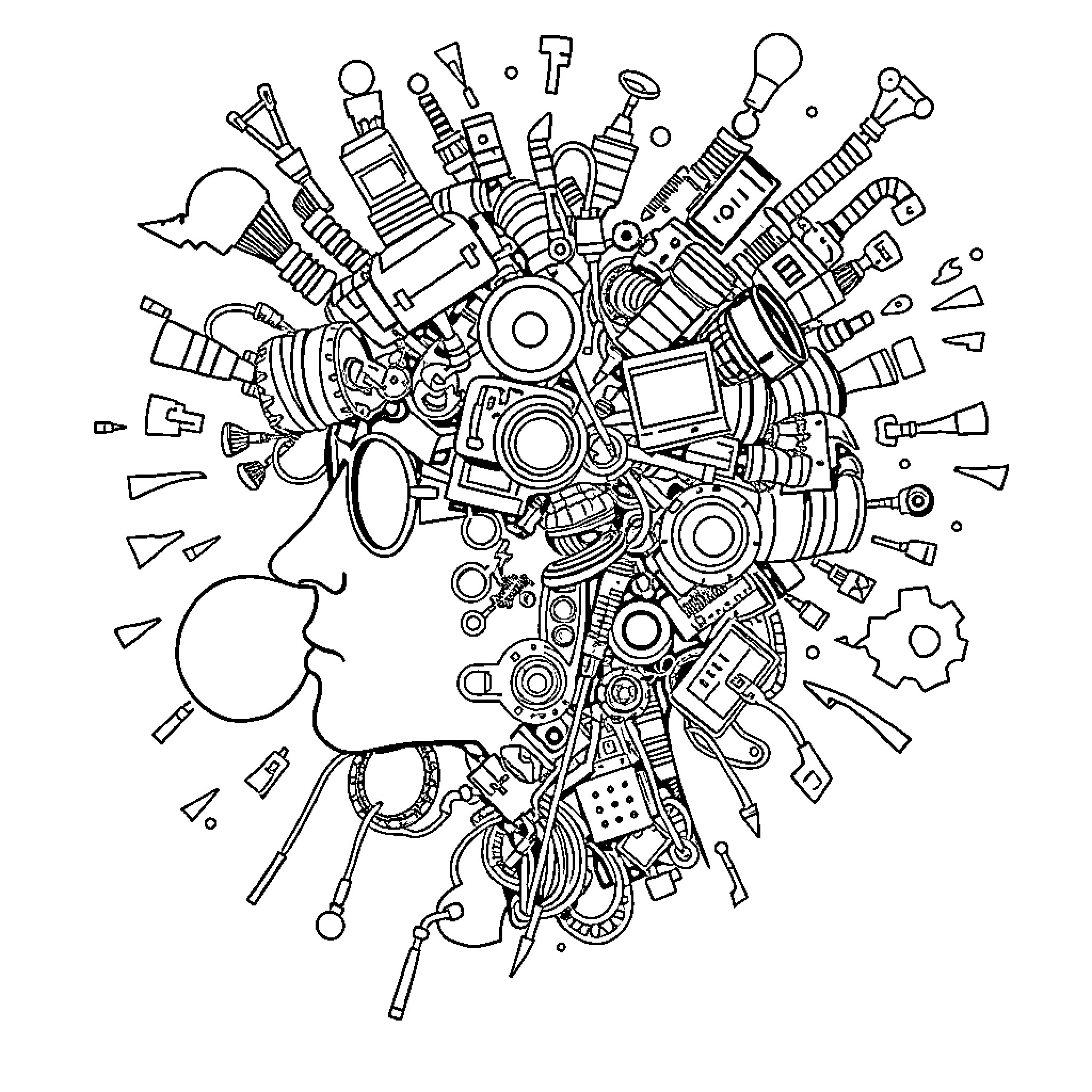 Brainrot of technological chaos Coloring Page (free black-and-white line drawing printable PDF for all, from beginners to advanced learners, including children, teens, adults, and seniors)