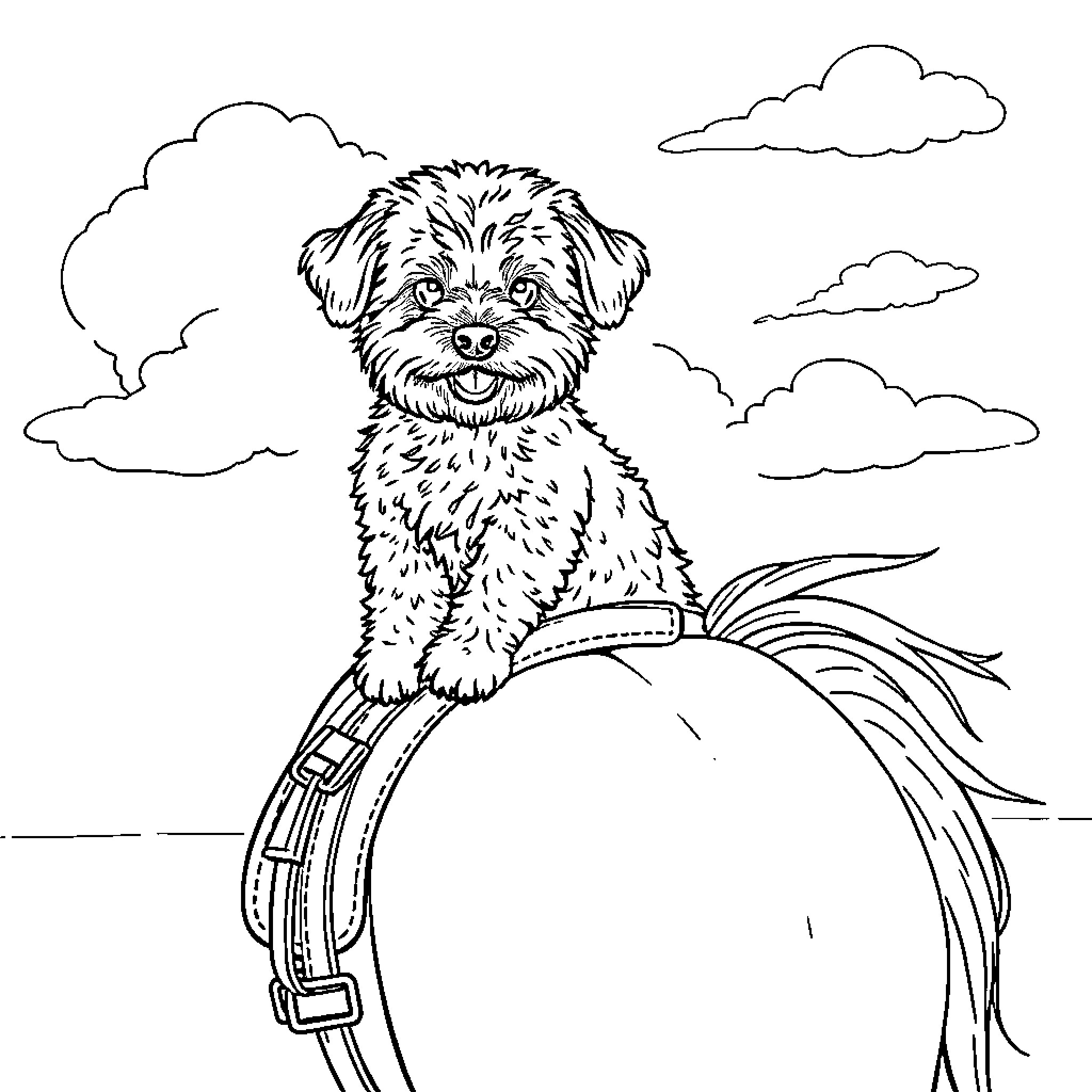 Cockerpoo sitting happily on a saddle Coloring Page (free black-and-white line drawing printable PDF for all, from beginners to advanced learners, including children, teens, adults, and seniors)