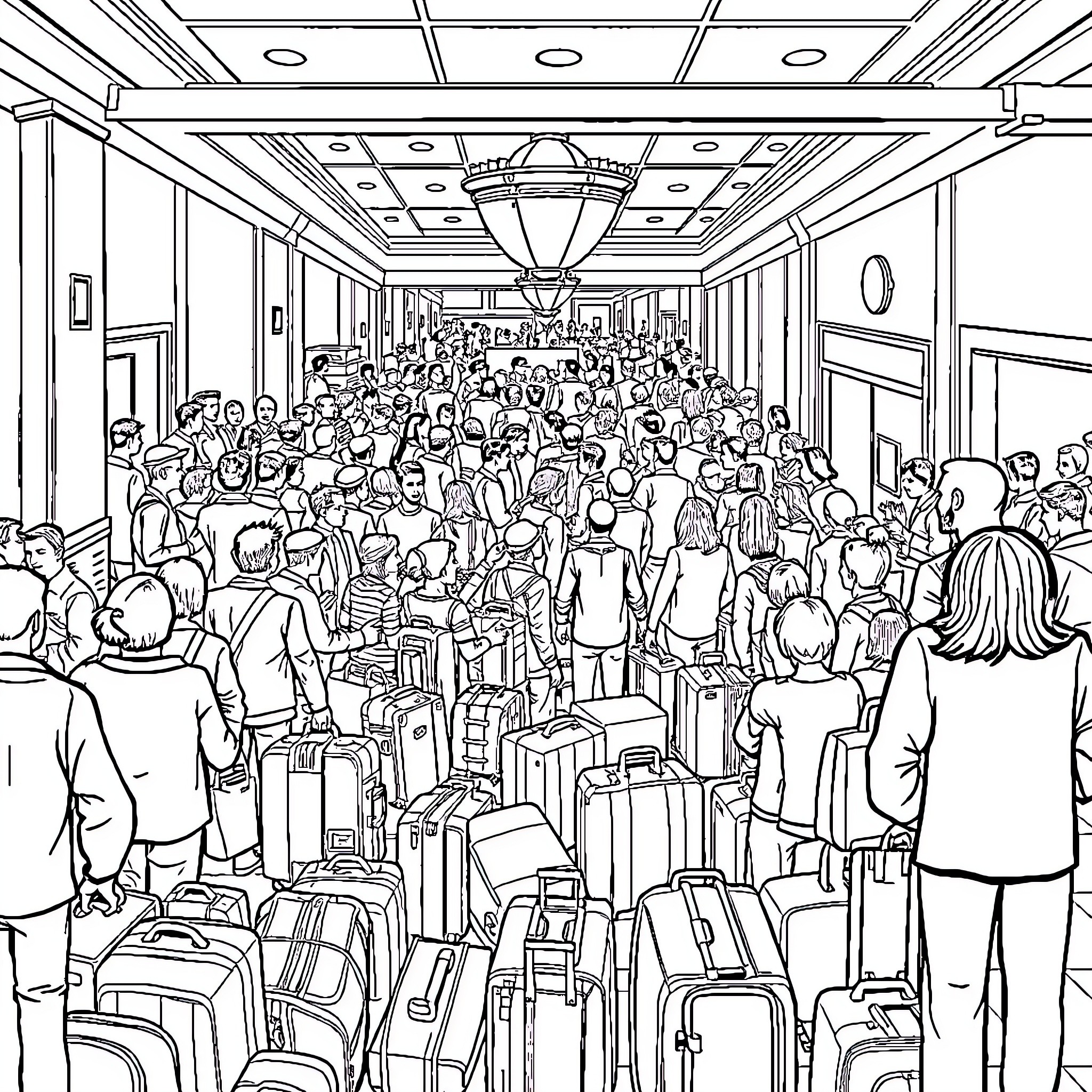 Hotel Lobby Filled with Travelers and Luggage Coloring Page (free black-and-white line drawing printable PDF for all, from beginners to advanced learners, including children, teens, adults, and seniors)