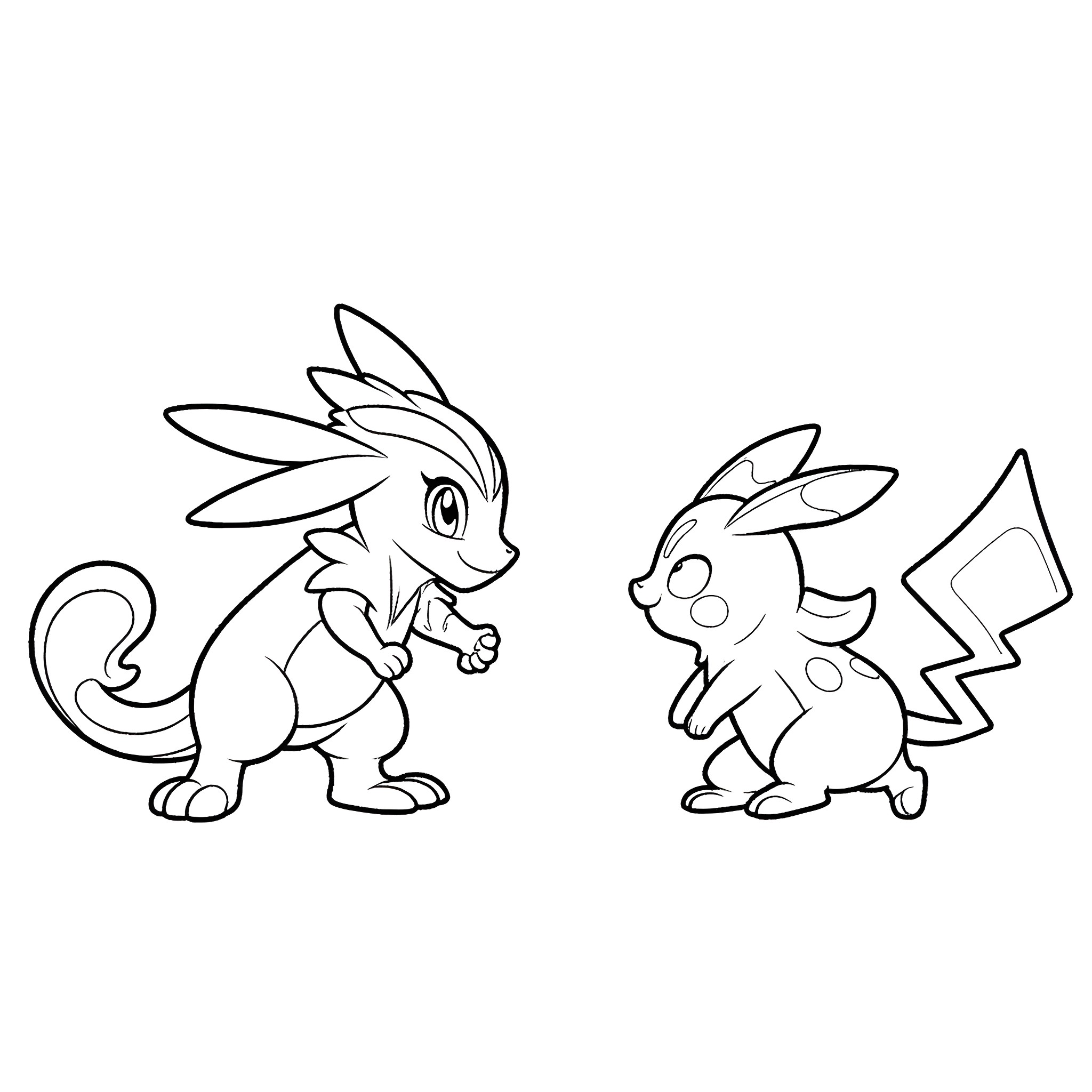 Digimon characters in playful poses Coloring Page (free black-and-white line drawing printable PDF for all, from beginners to advanced learners, including children, teens, adults, and seniors)