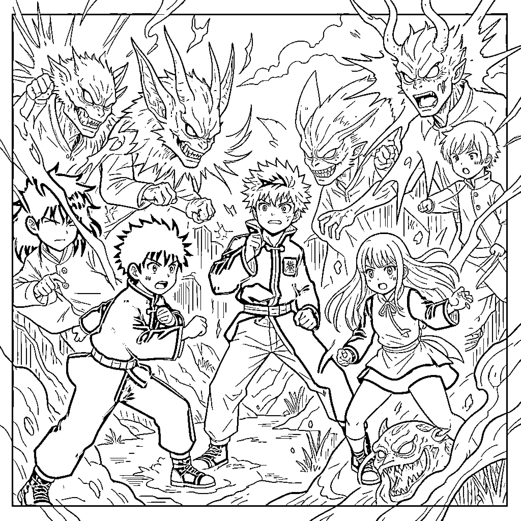 Jujutsu Kaisen: Intense Battles and Extraordinary Characters Coloring Page (free black-and-white line drawing printable PDF for all, from beginners to advanced learners, including children, teens, adults, and seniors)