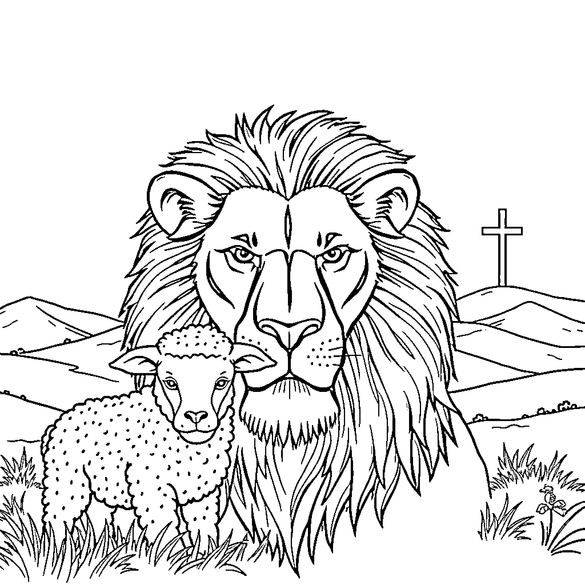 Lion guarding a lamb in a pastoral landscape Coloring Page (free black-and-white line drawing printable PDF for all, from beginners to advanced learners, including children, teens, adults, and seniors)