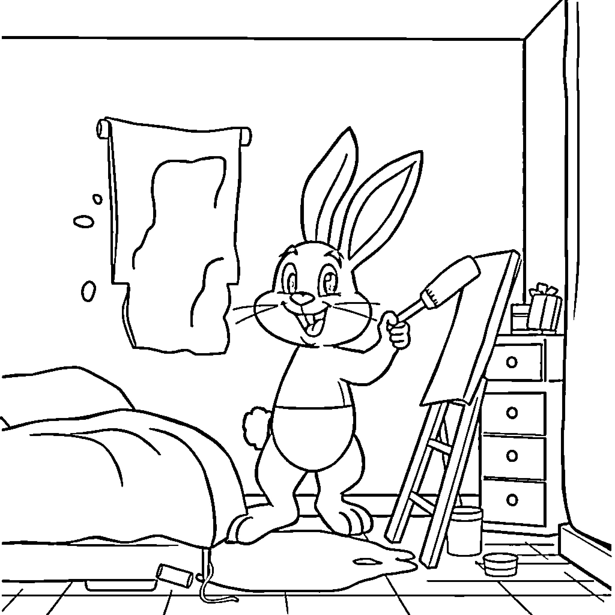 Bunny decorating his cozy bedroom Coloring Page (free black-and-white line drawing printable PDF for all, from beginners to advanced learners, including children, teens, adults, and seniors)