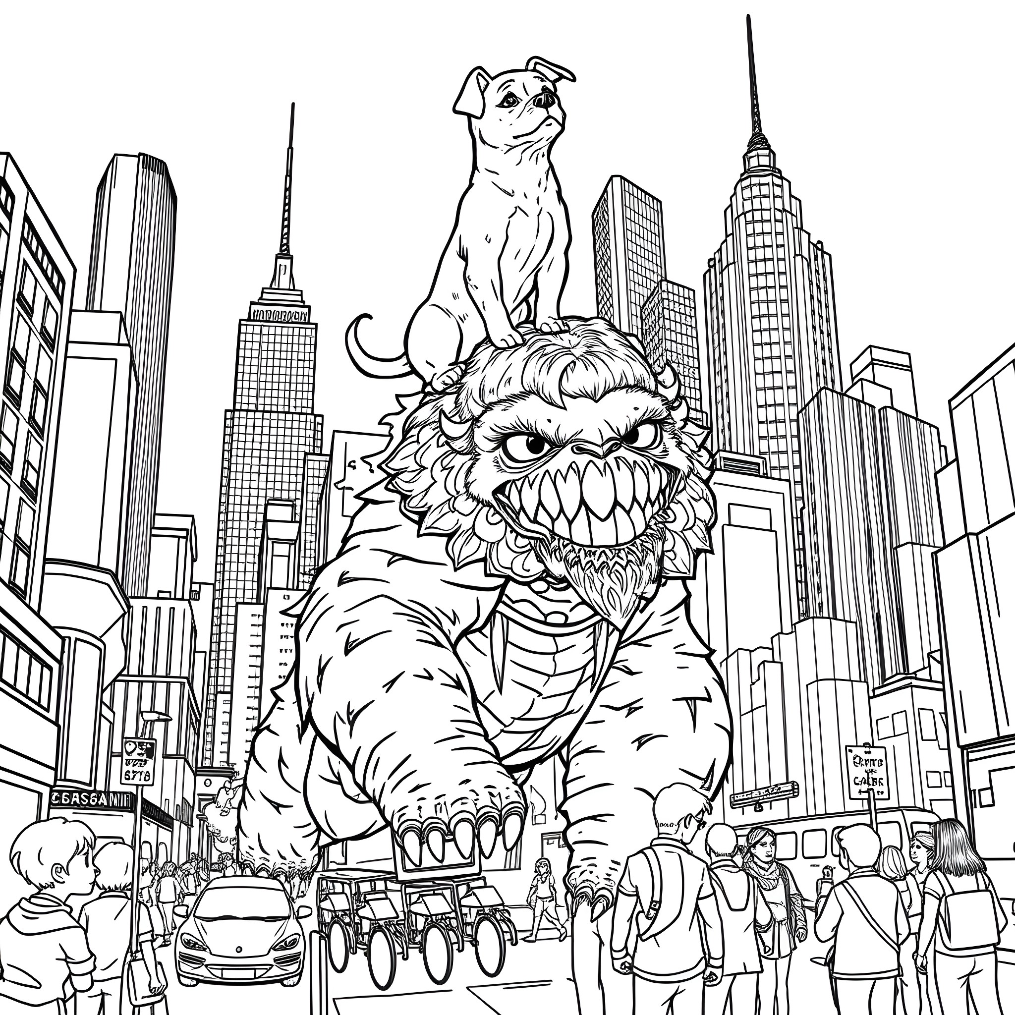Dog riding a monstrous creature in the city Coloring Page (free black-and-white line drawing printable PDF for all, from beginners to advanced learners, including children, teens, adults, and seniors)