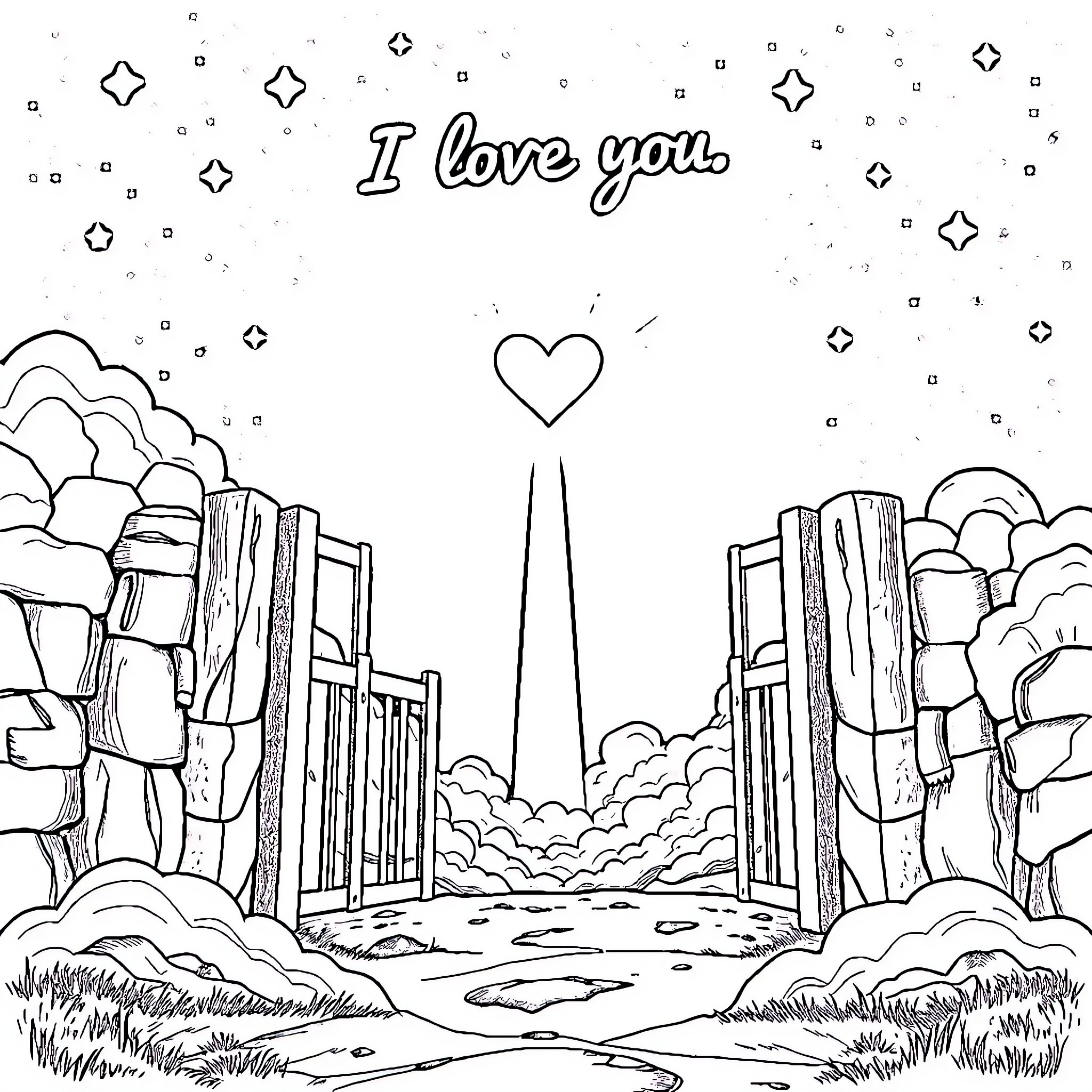Gate of Love and Affection Coloring Page (free black-and-white line drawing printable PDF for all, from beginners to advanced learners, including children, teens, adults, and seniors)