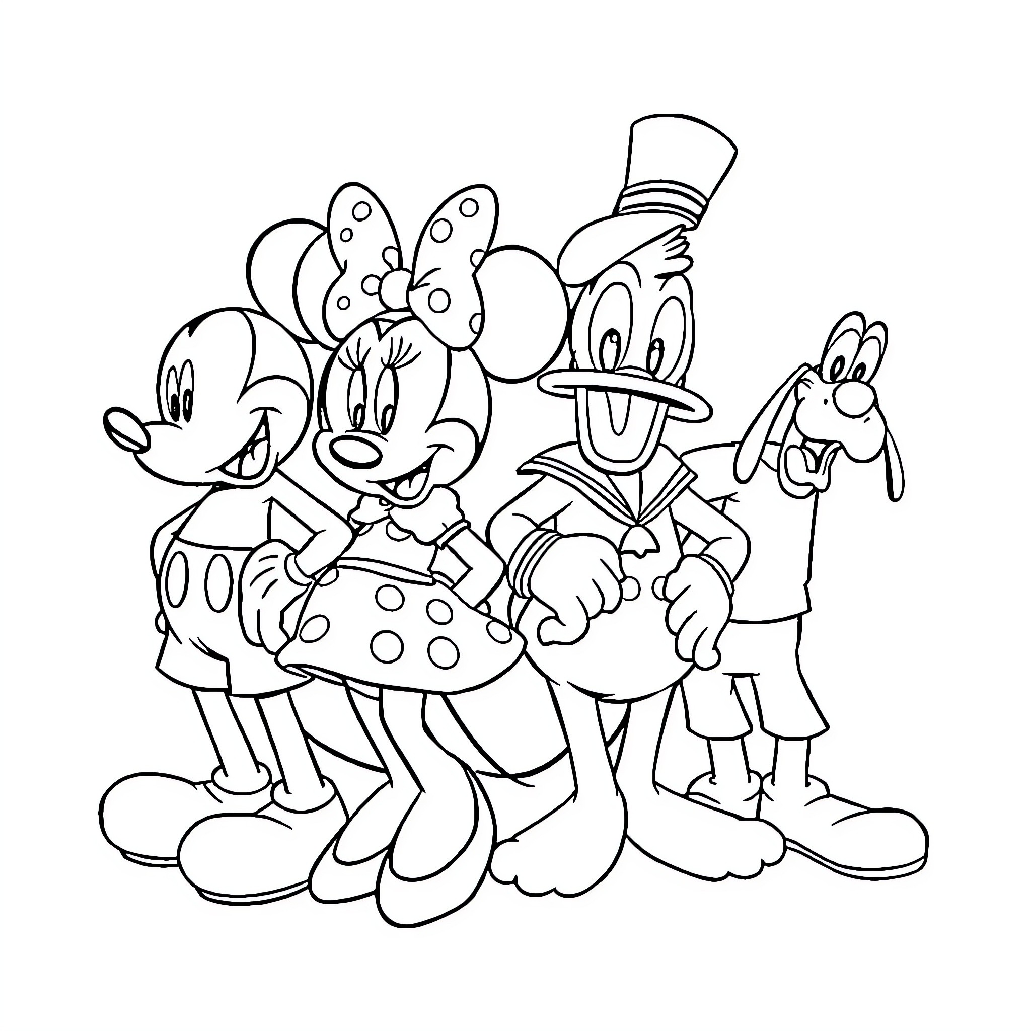 Mickey Mouse and Friends in Cartoon Outfits Coloring Page (free black-and-white line drawing printable PDF for all, from beginners to advanced learners, including children, teens, adults, and seniors)