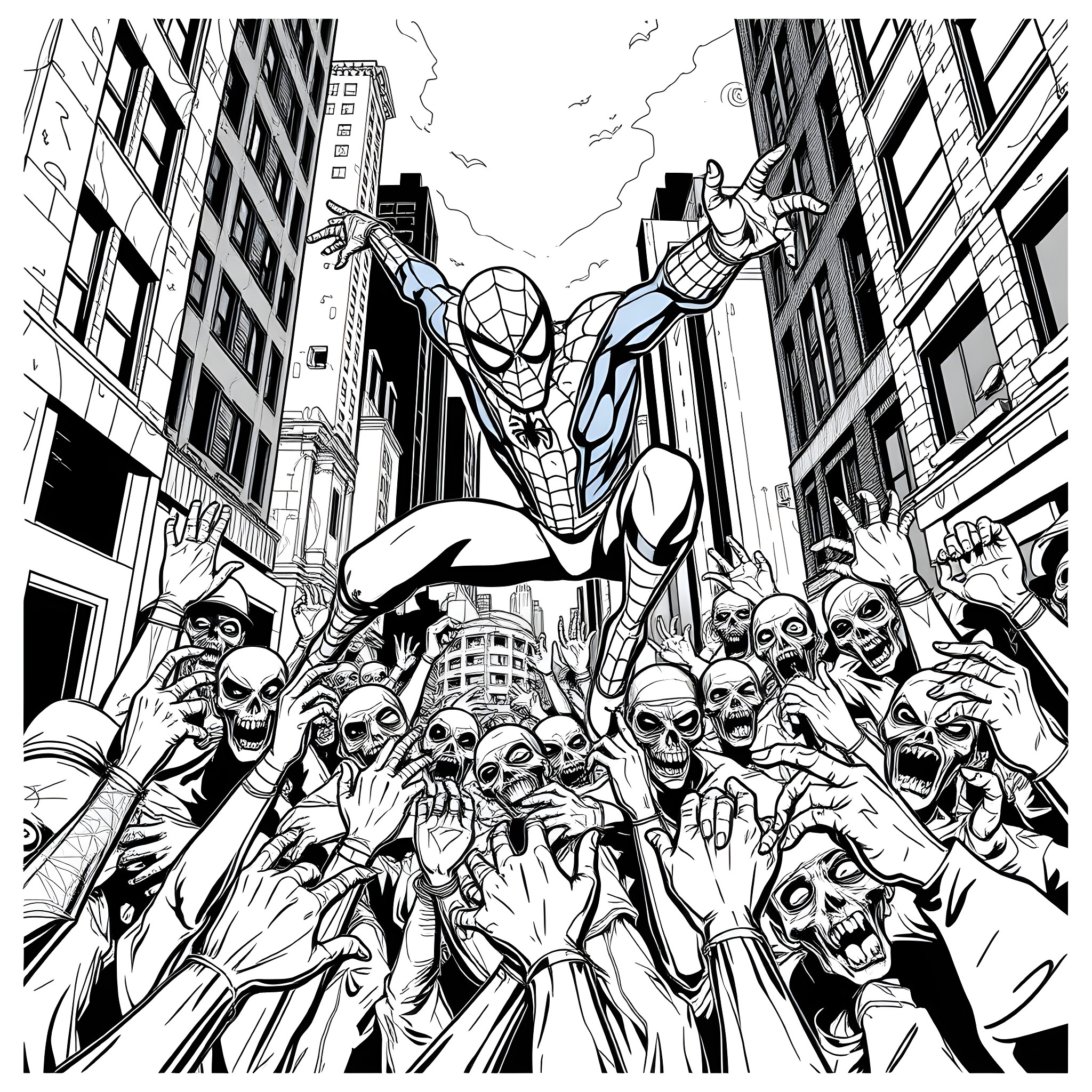 Spiderman swinging through a crowded city street Coloring Page (free black-and-white line drawing printable PDF for all, from beginners to advanced learners, including children, teens, adults, and seniors)