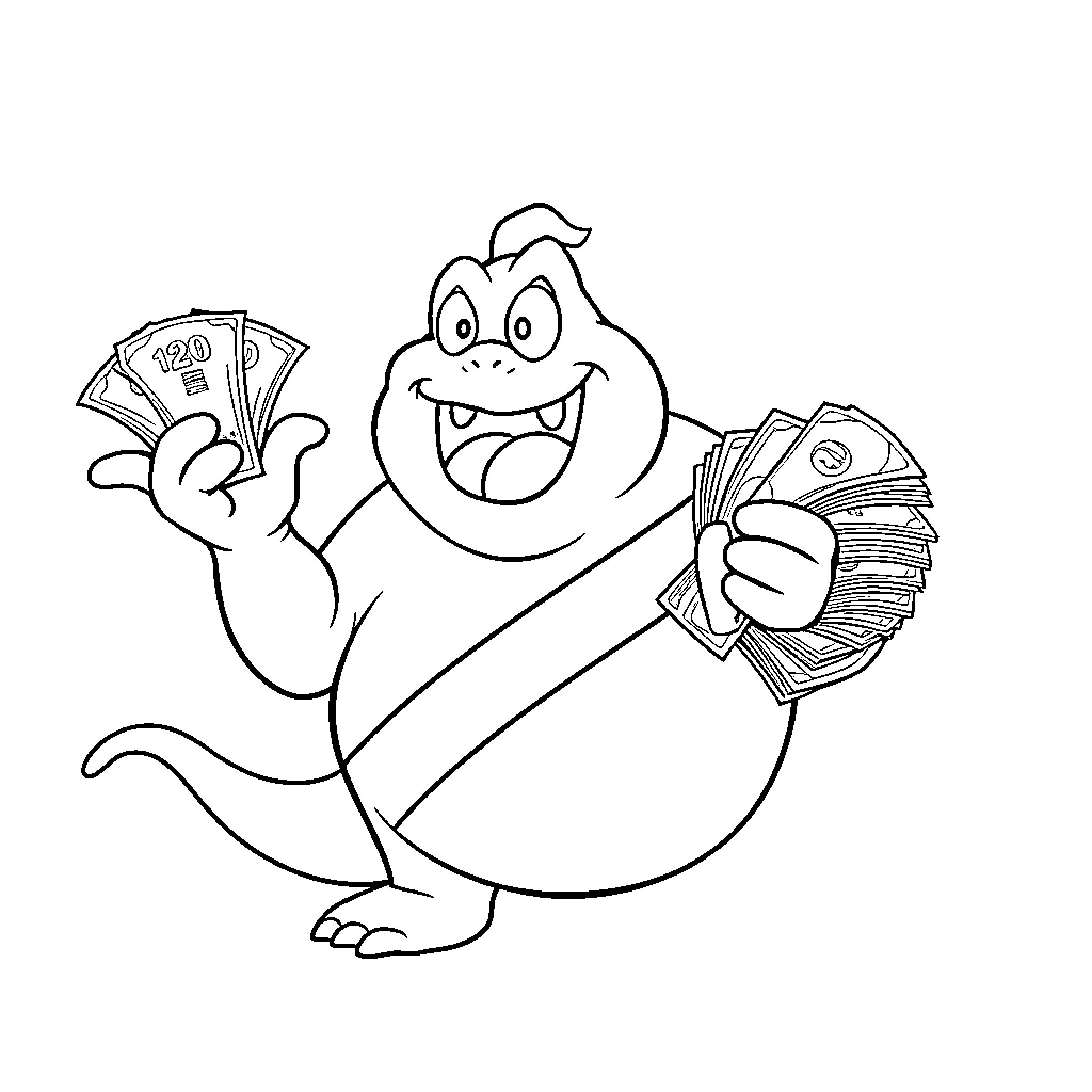 Slimer Holding Stacks of Cash with Excitement Coloring Page (free black-and-white line drawing printable PDF for all, from beginners to advanced learners, including children, teens, adults, and seniors)