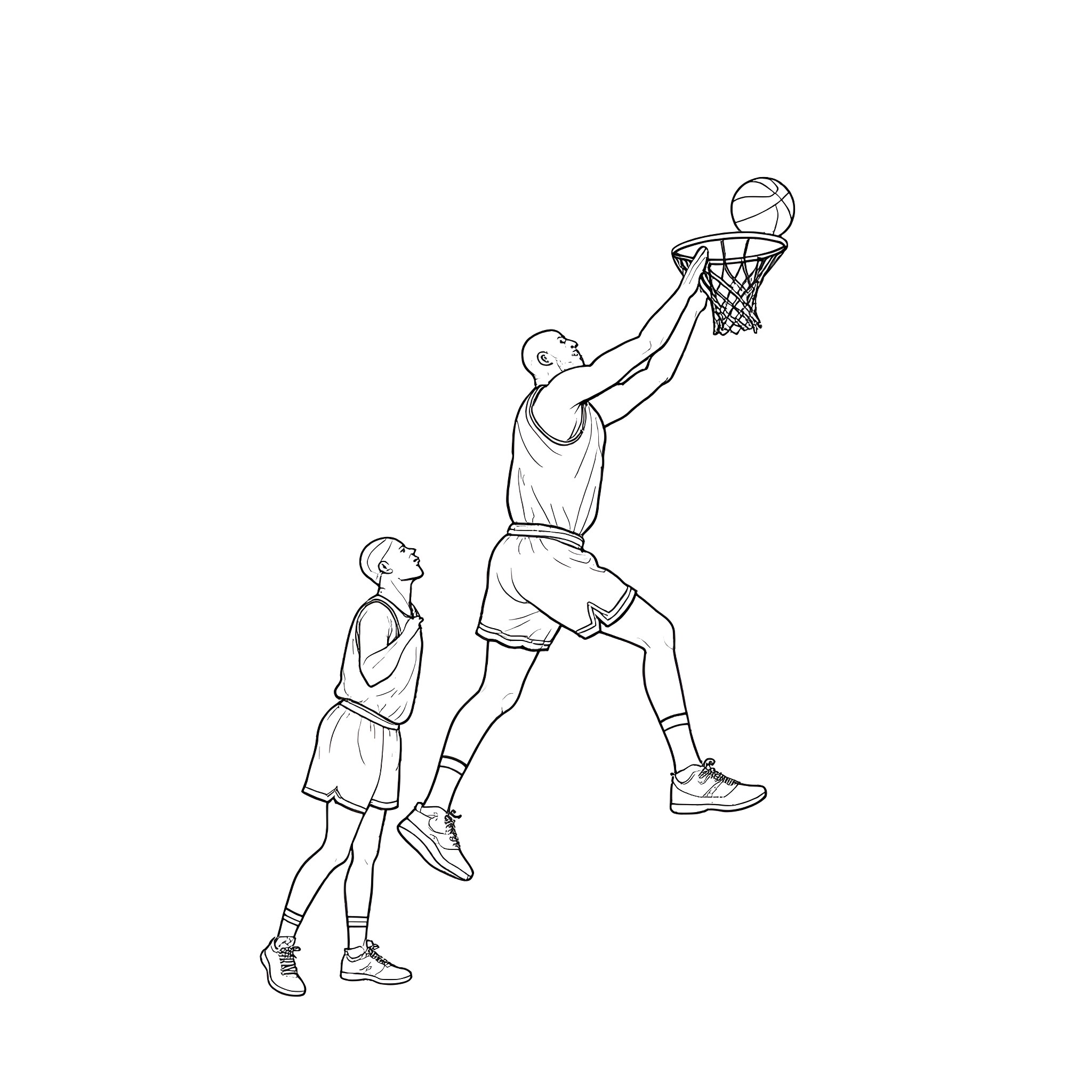 Michael Jordan in mid-air basketball dunk Coloring Page (free black-and-white line drawing printable PDF for all, from beginners to advanced learners, including children, teens, adults, and seniors)