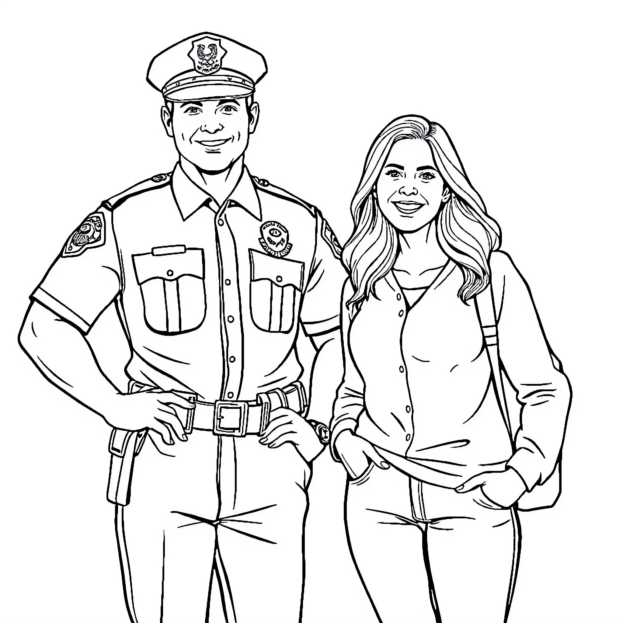 Police Officer and Woman in Uniform Stand Together Coloring Page (free black-and-white line drawing printable PDF for all, from beginners to advanced learners, including children, teens, adults, and seniors)