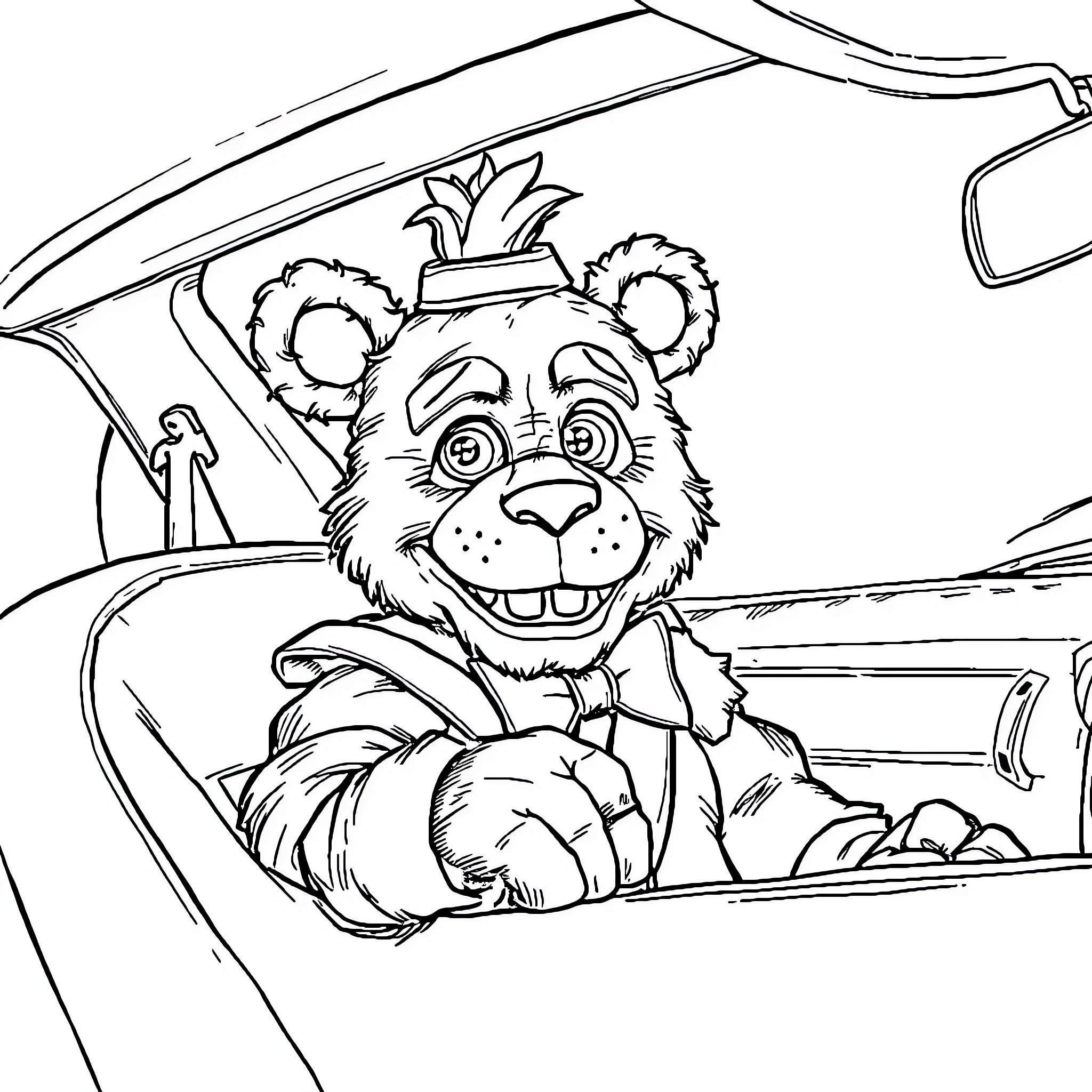 Freddy Fazzbear driving car with excitement Coloring Page (free black-and-white line drawing printable PDF for all, from beginners to advanced learners, including children, teens, adults, and seniors)