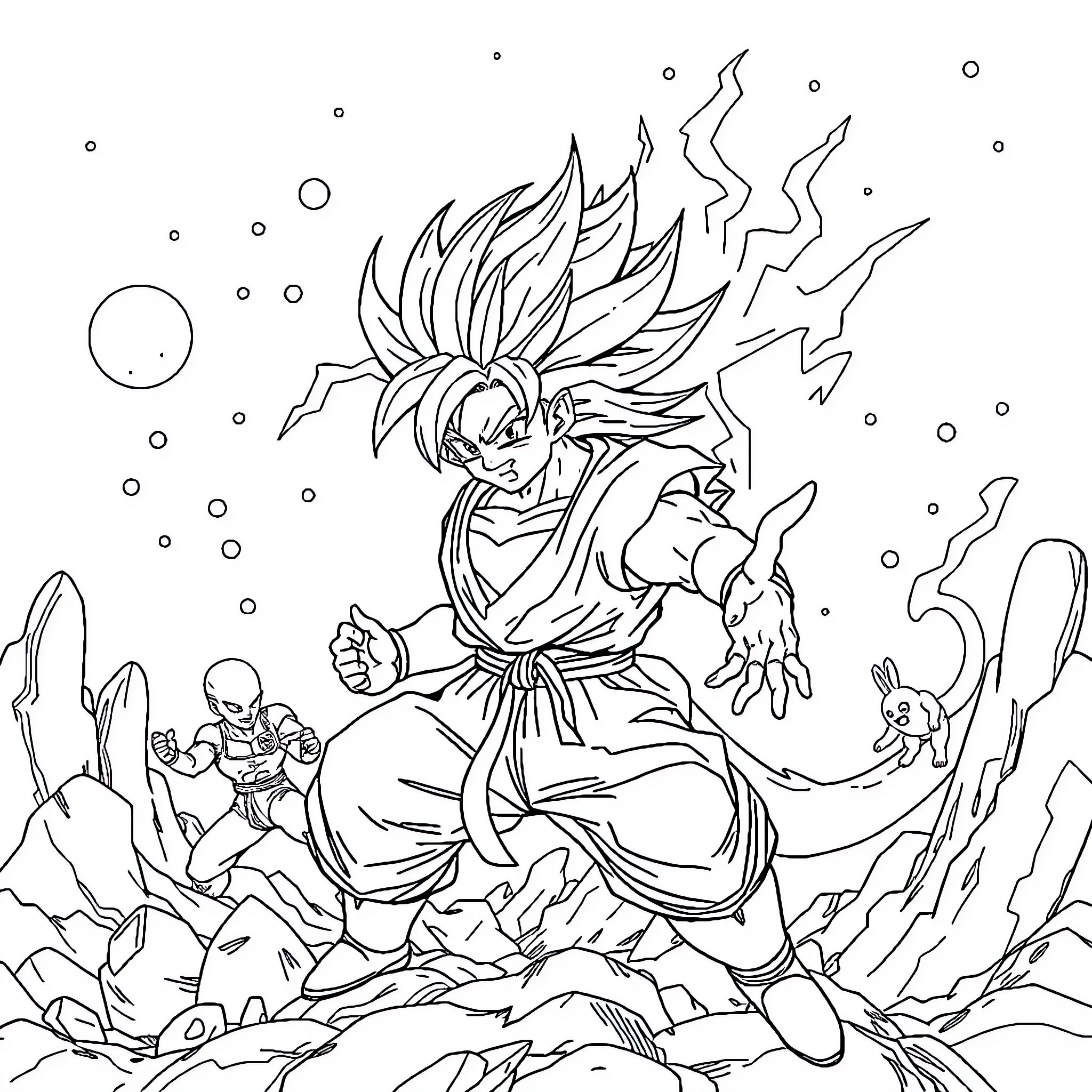 Dragonball Warrior's Fierce Battle in Cosmic Landscape Coloring Page (free black-and-white line drawing printable PDF for all, from beginners to advanced learners, including children, teens, adults, and seniors)