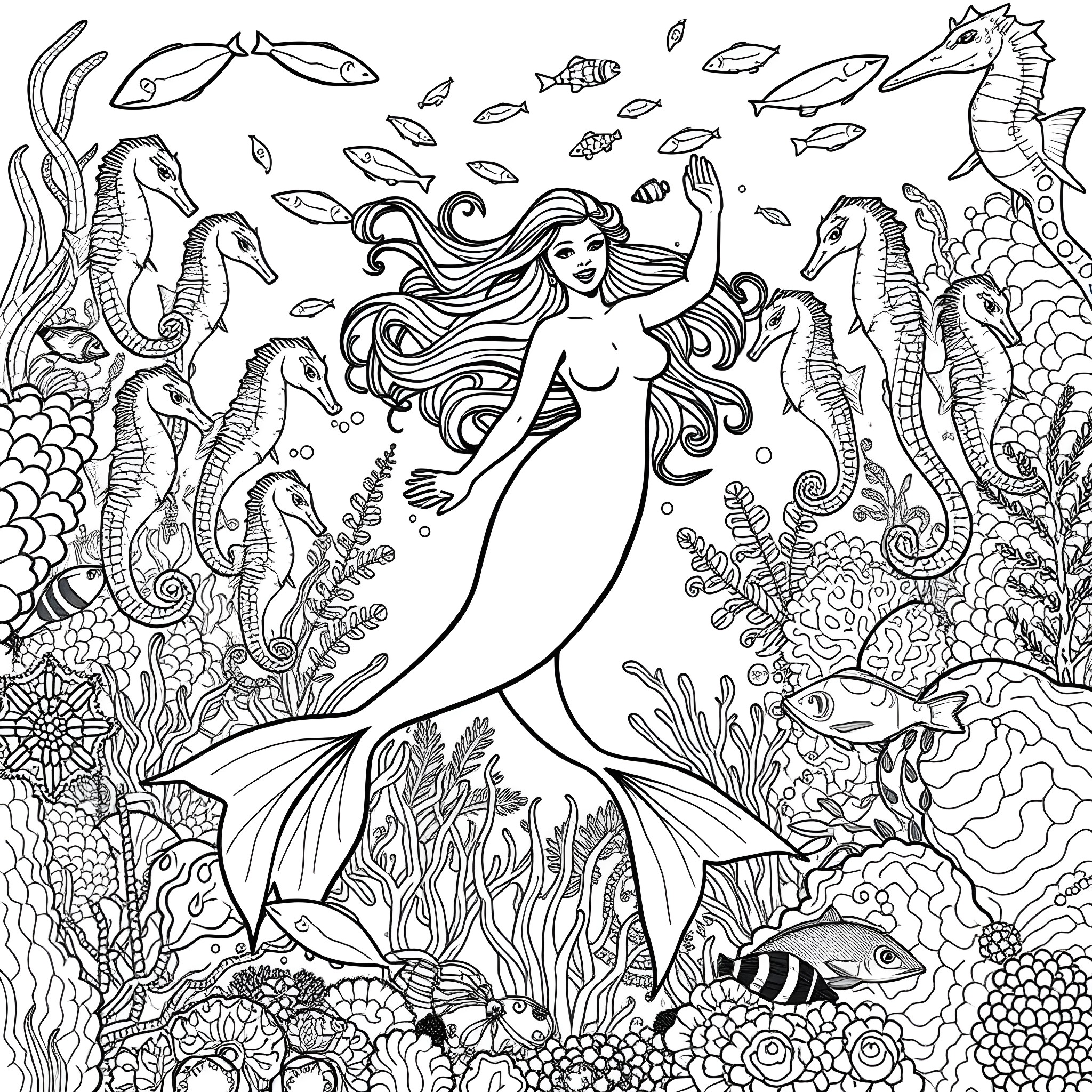 Mermaid swimming gracefully among ocean creatures Coloring Page (free black-and-white line drawing printable PDF for all, from beginners to advanced learners, including children, teens, adults, and seniors)