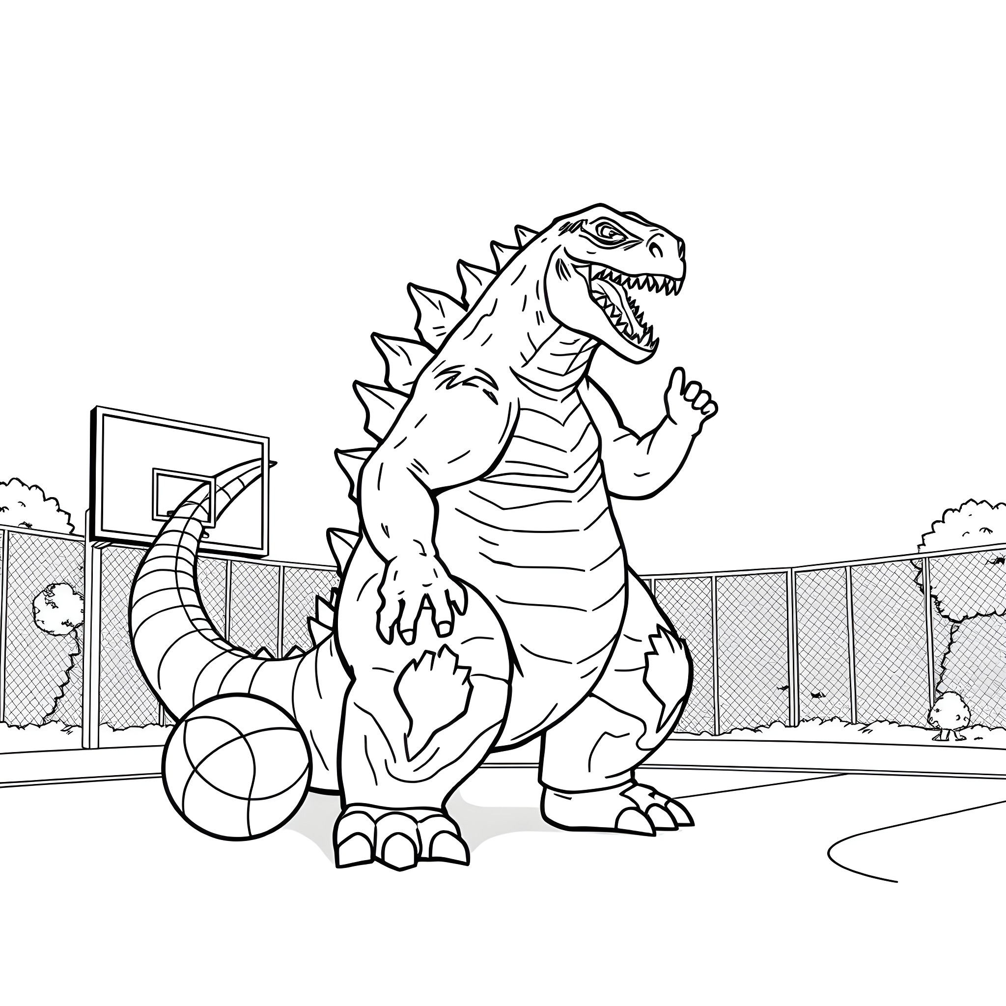Godzilla playing basketball on the court Coloring Page (free black-and-white line drawing printable PDF for all, from beginners to advanced learners, including children, teens, adults, and seniors)