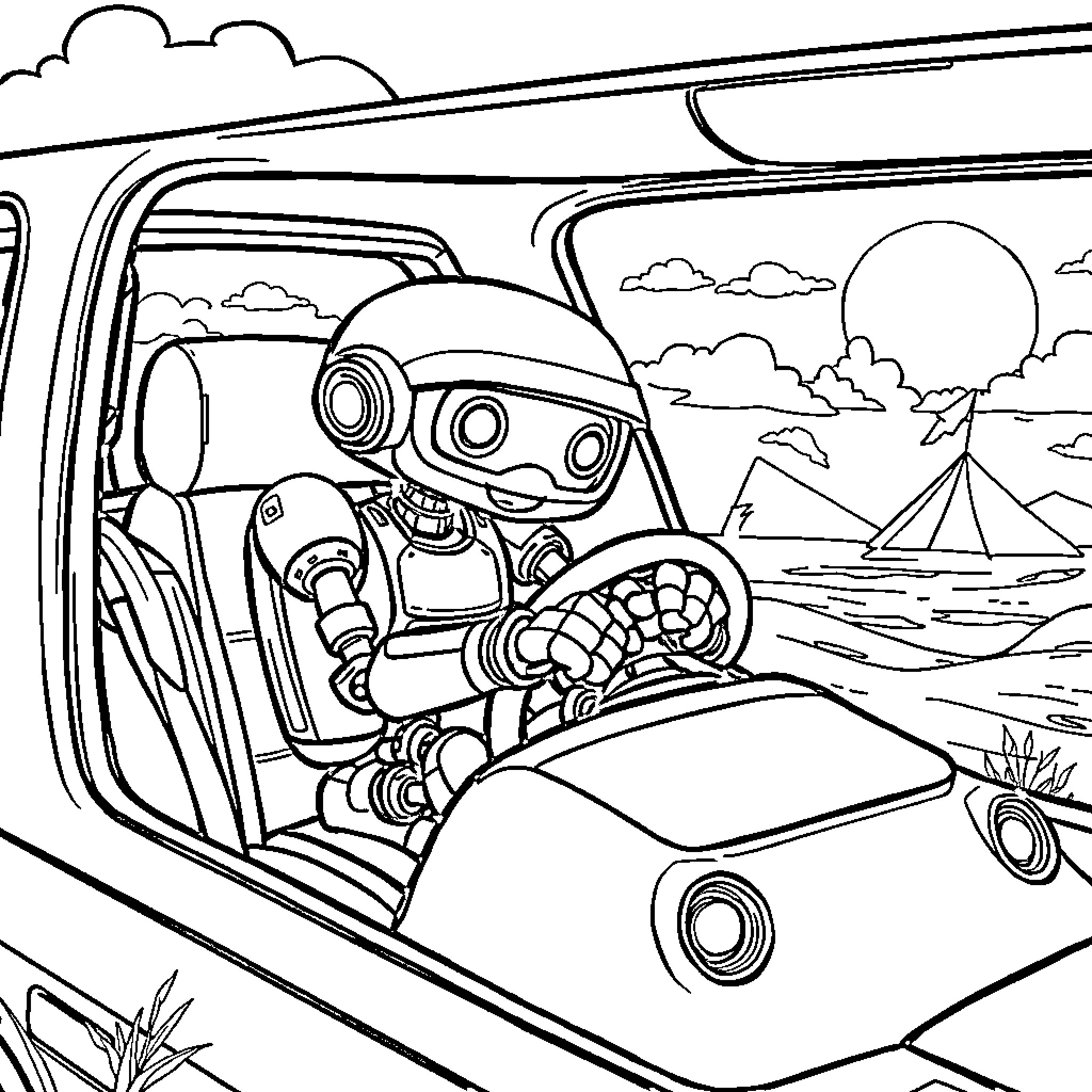 Robot explorer in futuristic vehicle on alien landscape Coloring Page (free black-and-white line drawing printable PDF for all, from beginners to advanced learners, including children, teens, adults, and seniors)