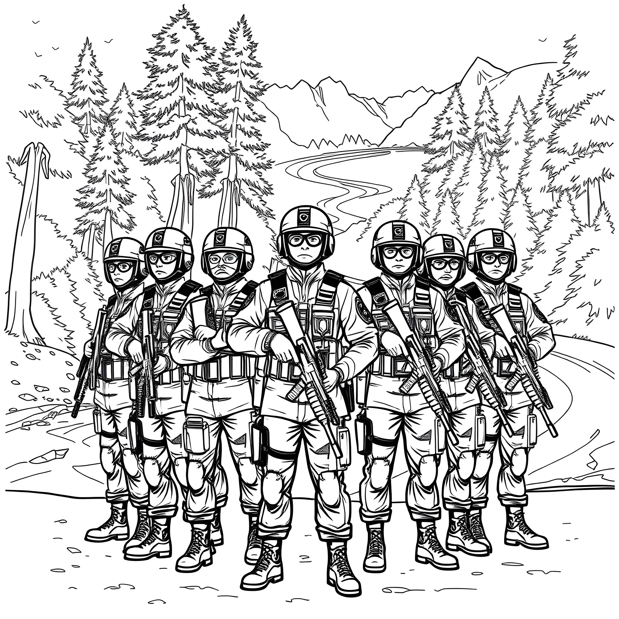 Pasukan Gerakan Am patrolling rugged mountain terrain Coloring Page (free black-and-white line drawing printable PDF for all, from beginners to advanced learners, including children, teens, adults, and seniors)