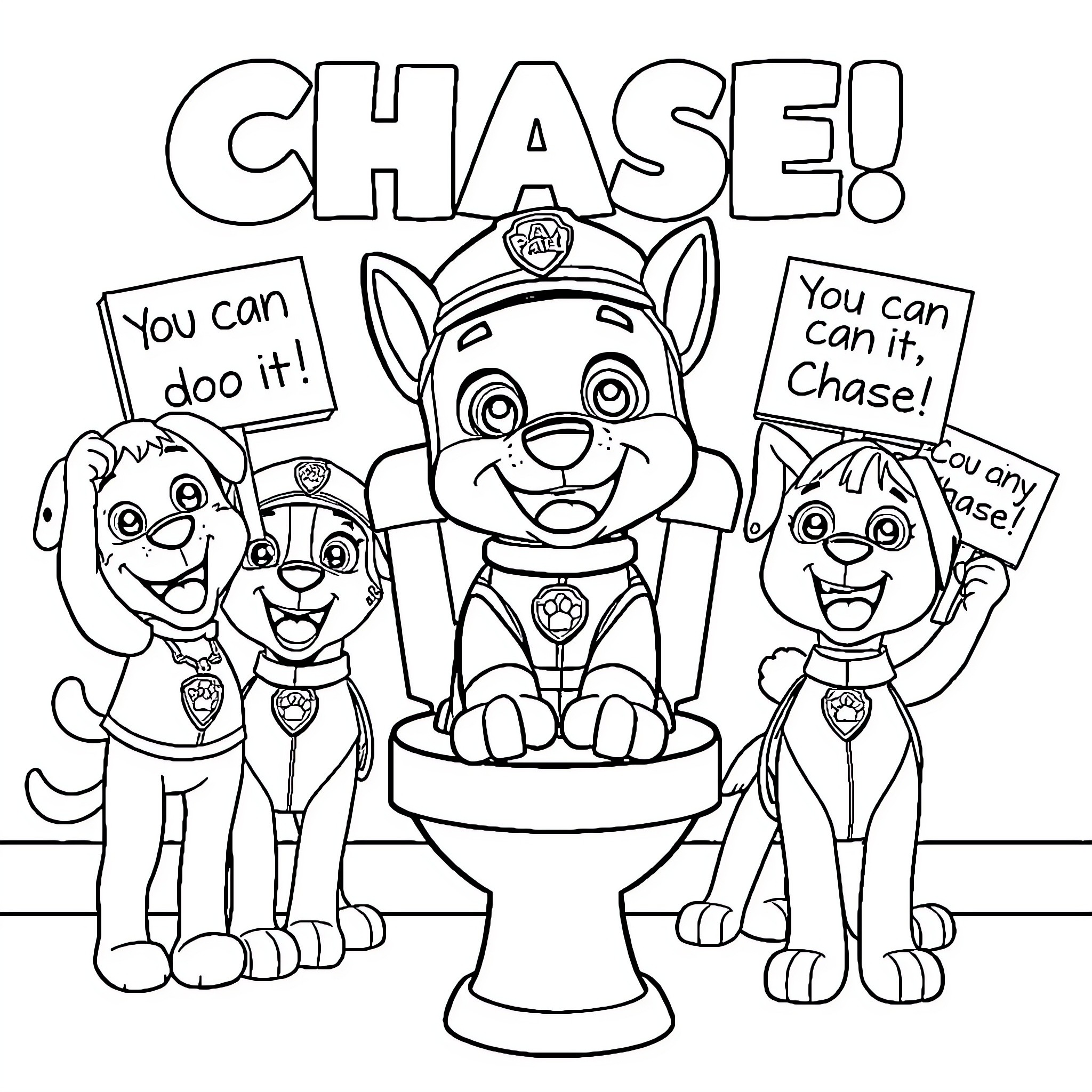Paw Patrol characters encouraging the viewer to chase their dreams Coloring Page (free black-and-white line drawing printable PDF for all, from beginners to advanced learners, including children, teens, adults, and seniors)