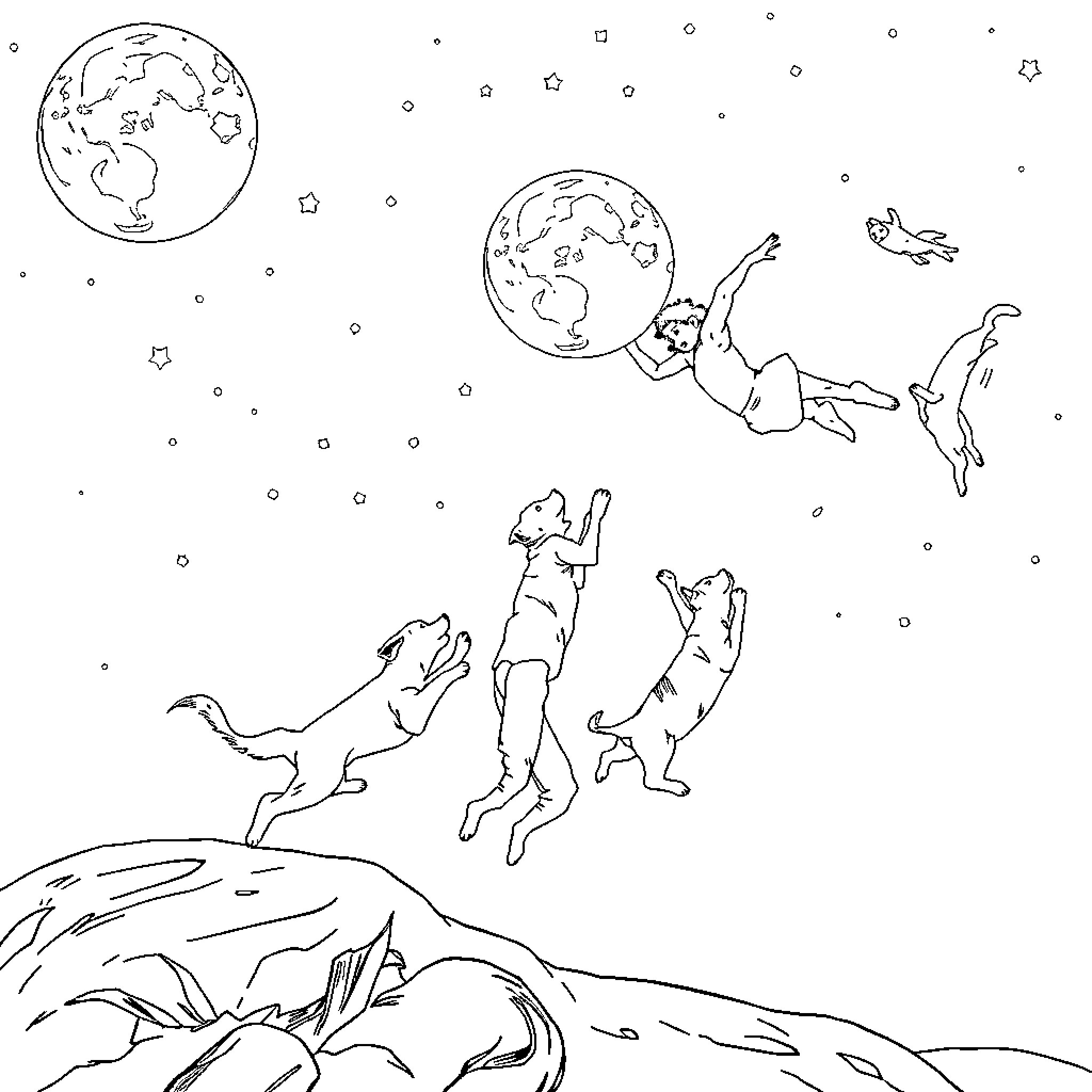 Moon dance under the starry night Coloring Page (free black-and-white line drawing printable PDF for all, from beginners to advanced learners, including children, teens, adults, and seniors)