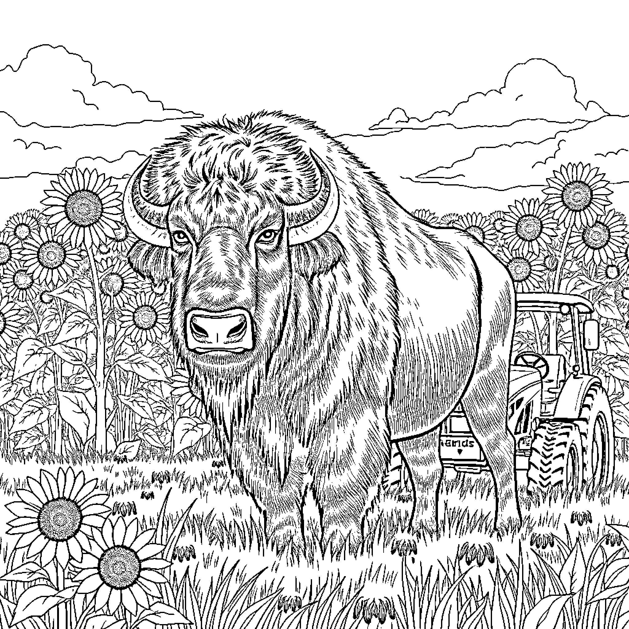 Bison grazing amidst sunflowers in a rural landscape Coloring Page (free black-and-white line drawing printable PDF for all, from beginners to advanced learners, including children, teens, adults, and seniors)