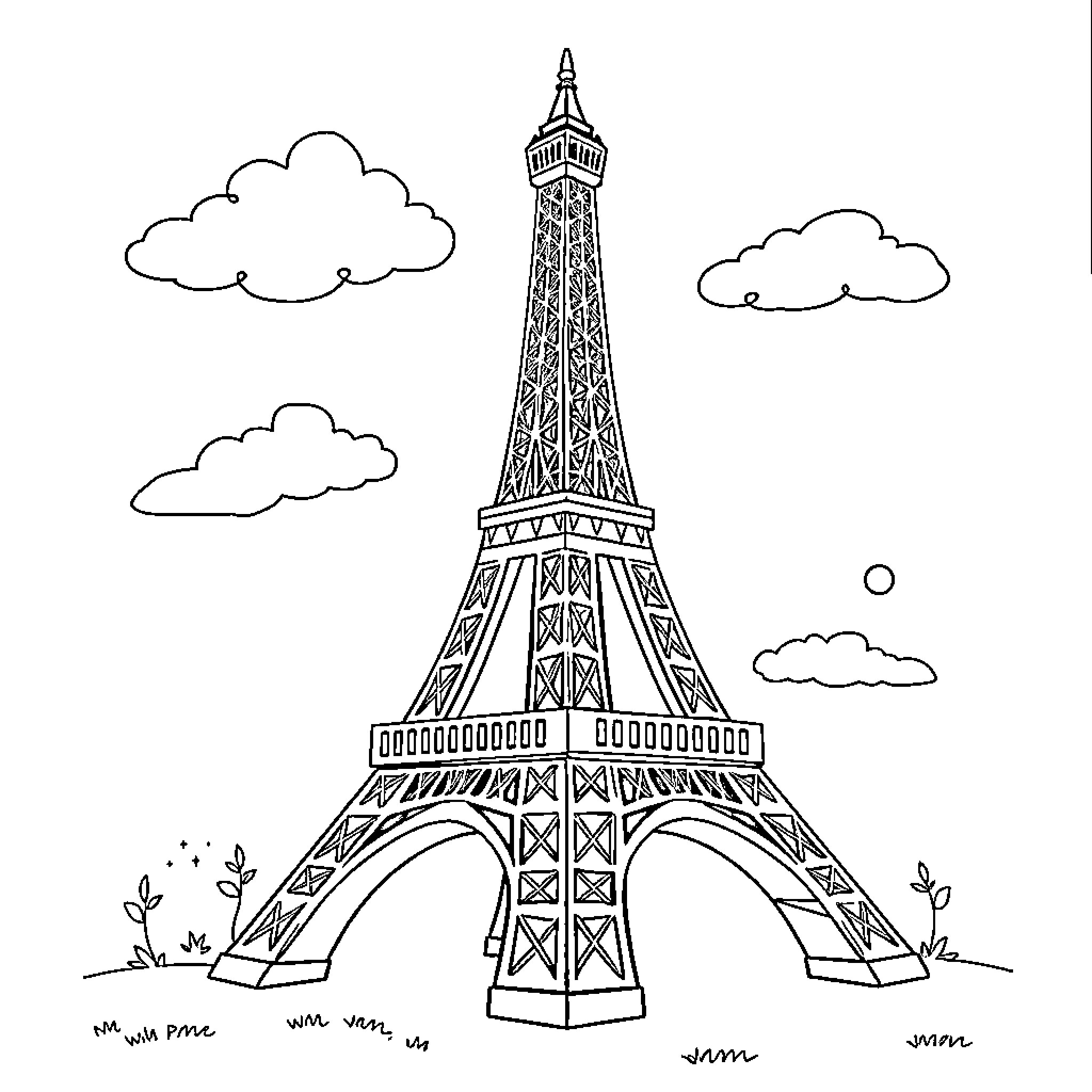 Eiffel Tower in simple line art Coloring Page (free black-and-white line drawing printable PDF for all, from beginners to advanced learners, including children, teens, adults, and seniors)