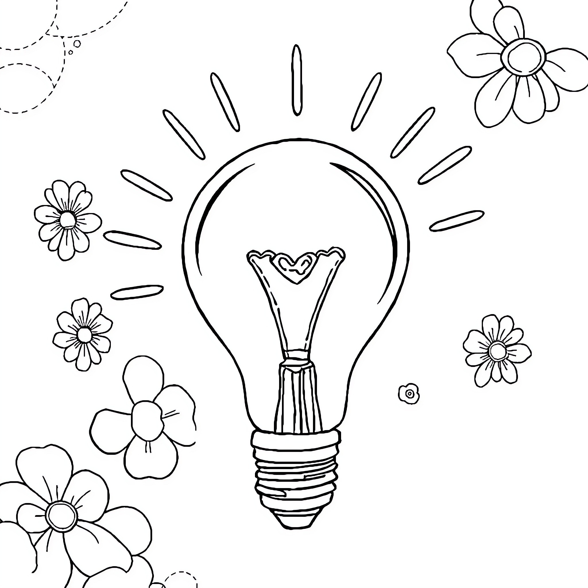 Idea for a blooming light bulb surrounded by flowers Coloring Page (free black-and-white line drawing printable PDF for all, from beginners to advanced learners, including children, teens, adults, and seniors)