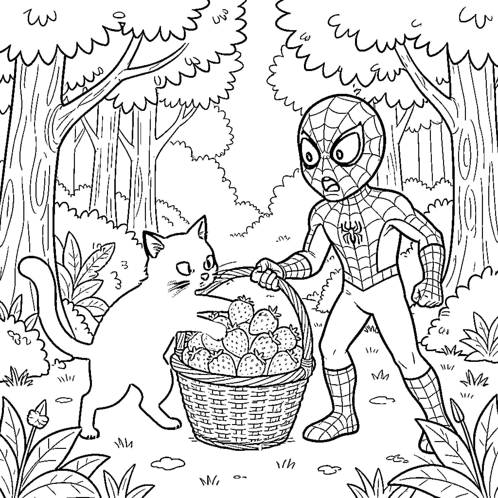 Cat and Spider-Man in the Forest Coloring Page (free black-and-white line drawing printable PDF for all, from beginners to advanced learners, including children, teens, adults, and seniors)