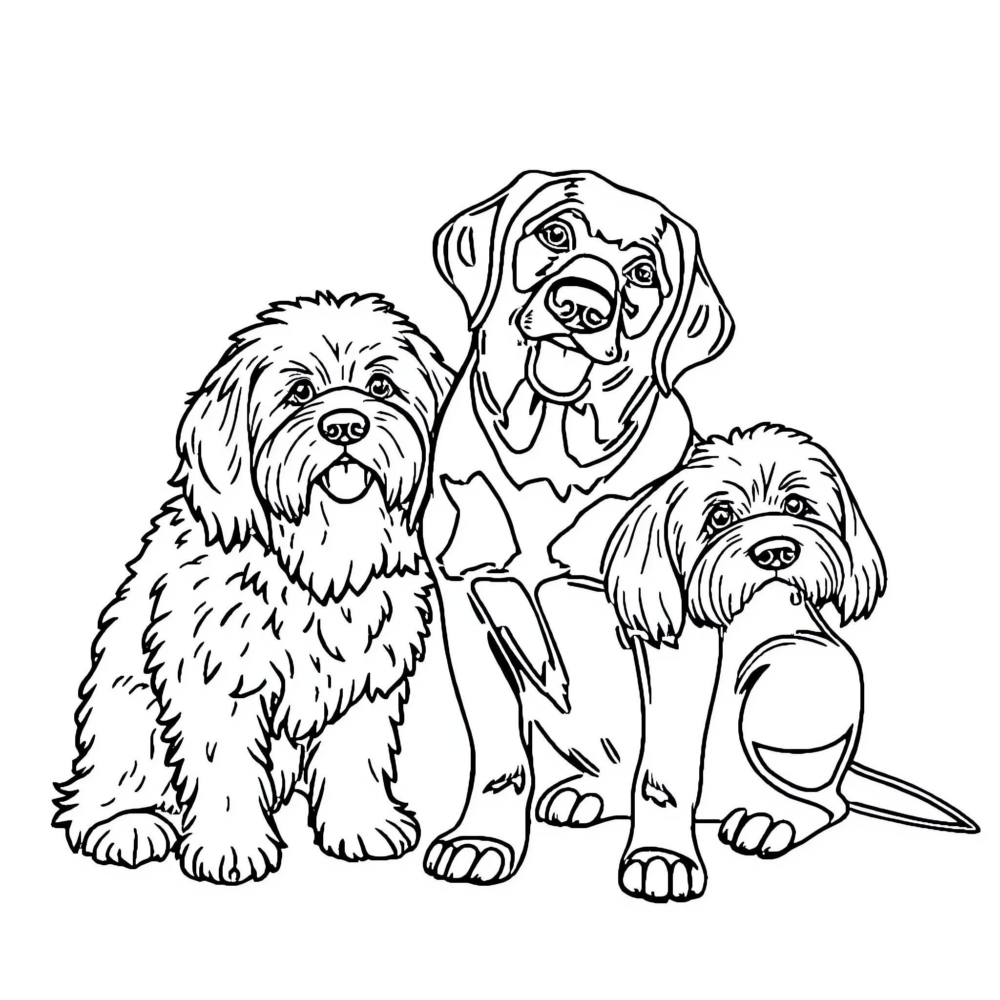 Labrador and Shih Tzu Dogs in Playful Poses Coloring Page (free black-and-white line drawing printable PDF for all, from beginners to advanced learners, including children, teens, adults, and seniors)