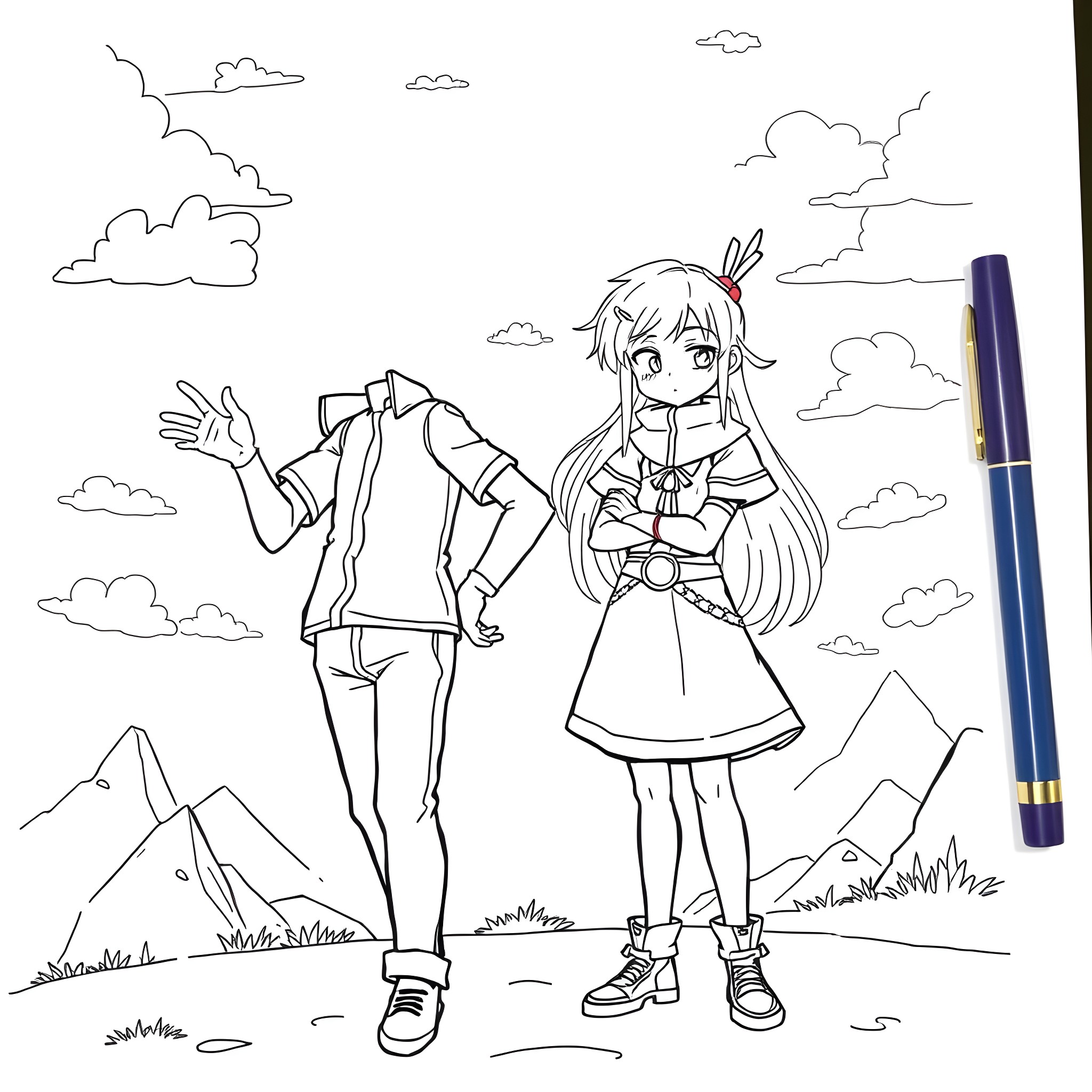 Kumagawa's Adventurous Duo in the Mountainous Landscape Coloring Page (free black-and-white line drawing printable PDF for all, from beginners to advanced learners, including children, teens, adults, and seniors)