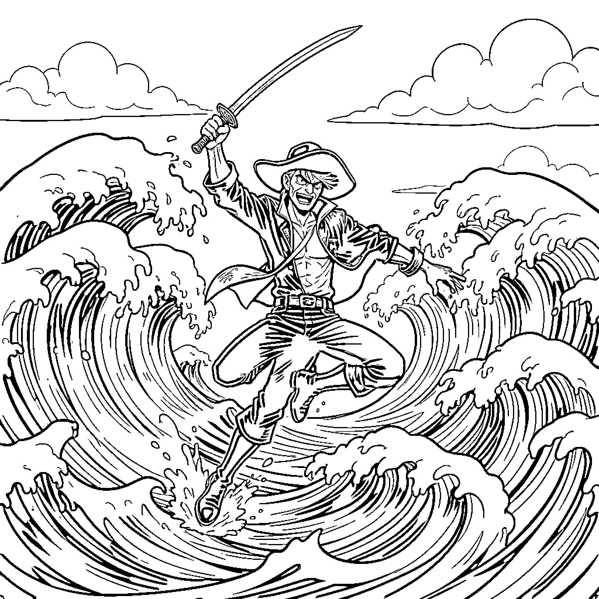 Zorro brandishing a sword amidst crashing ocean waves Coloring Page (free black-and-white line drawing printable PDF for all, from beginners to advanced learners, including children, teens, adults, and seniors)