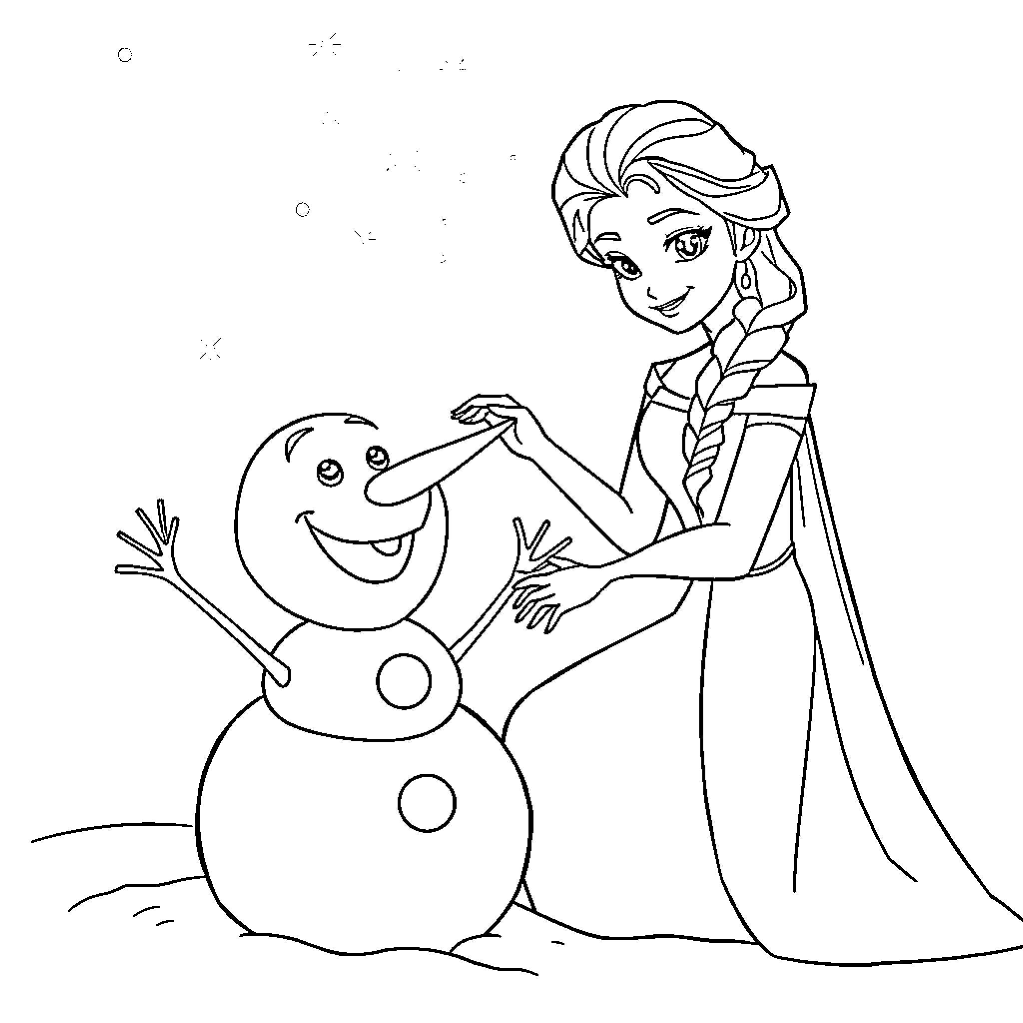 Elsa building a snowman with Olaf Coloring Page (free black-and-white line drawing printable PDF for all, from beginners to advanced learners, including children, teens, adults, and seniors)