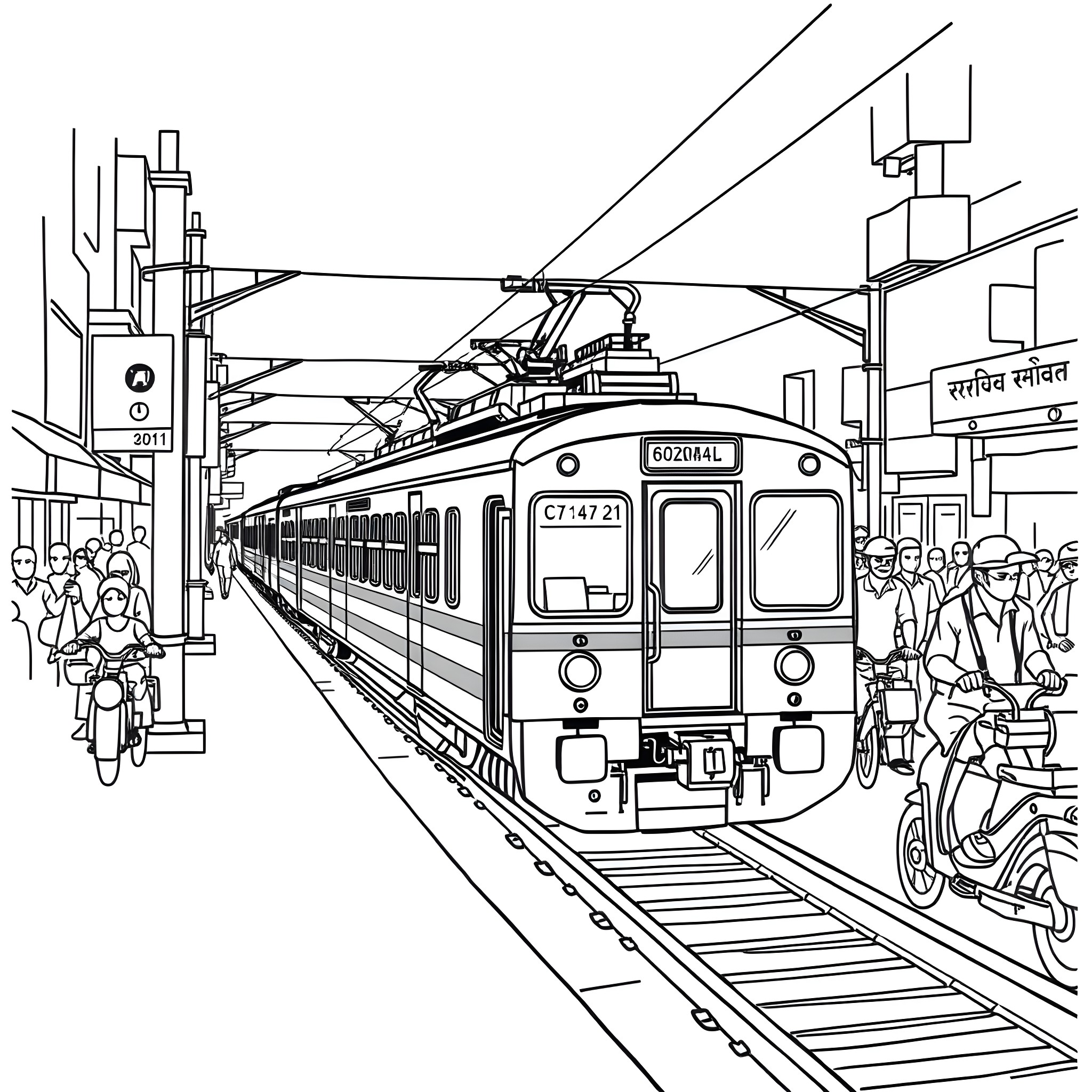 Train passengers waiting and boarding at station platform Coloring Page (free black-and-white line drawing printable PDF for all, from beginners to advanced learners, including children, teens, adults, and seniors)