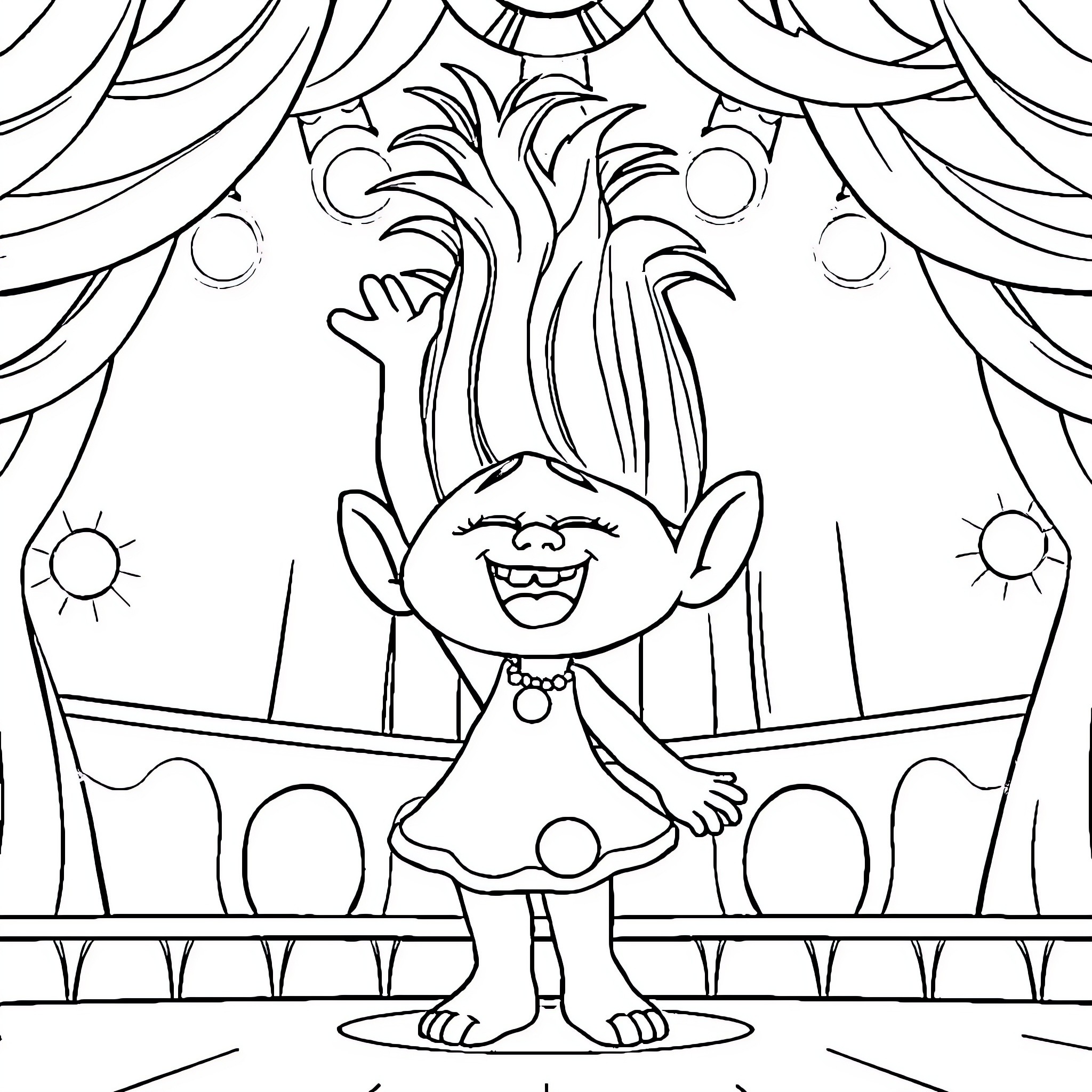 Poppy's Theatrical Performance Coloring Page (free black-and-white line drawing printable PDF for all, from beginners to advanced learners, including children, teens, adults, and seniors)