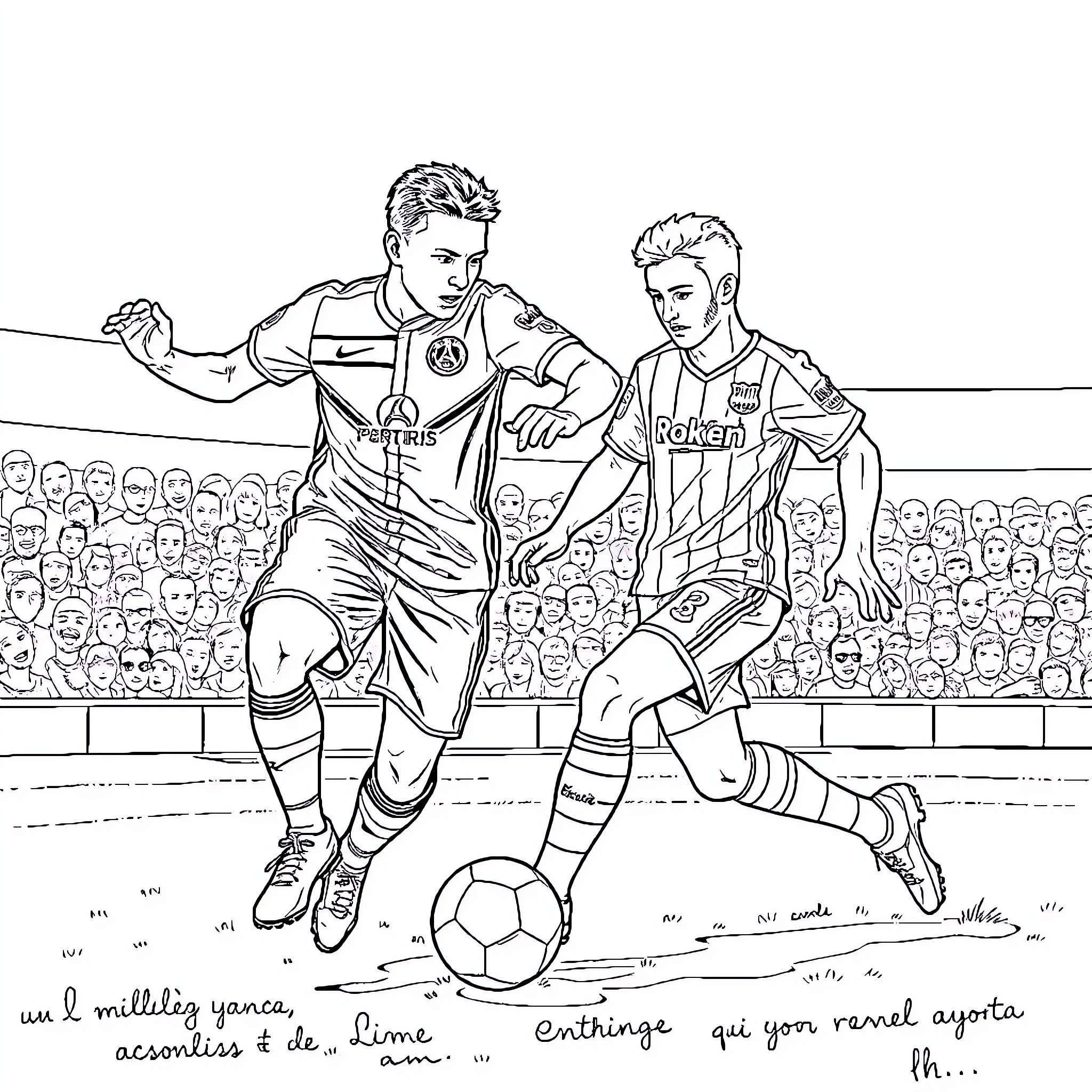 Football Players Competing on the Field Coloring Page (free black-and-white line drawing printable PDF for all, from beginners to advanced learners, including children, teens, adults, and seniors)