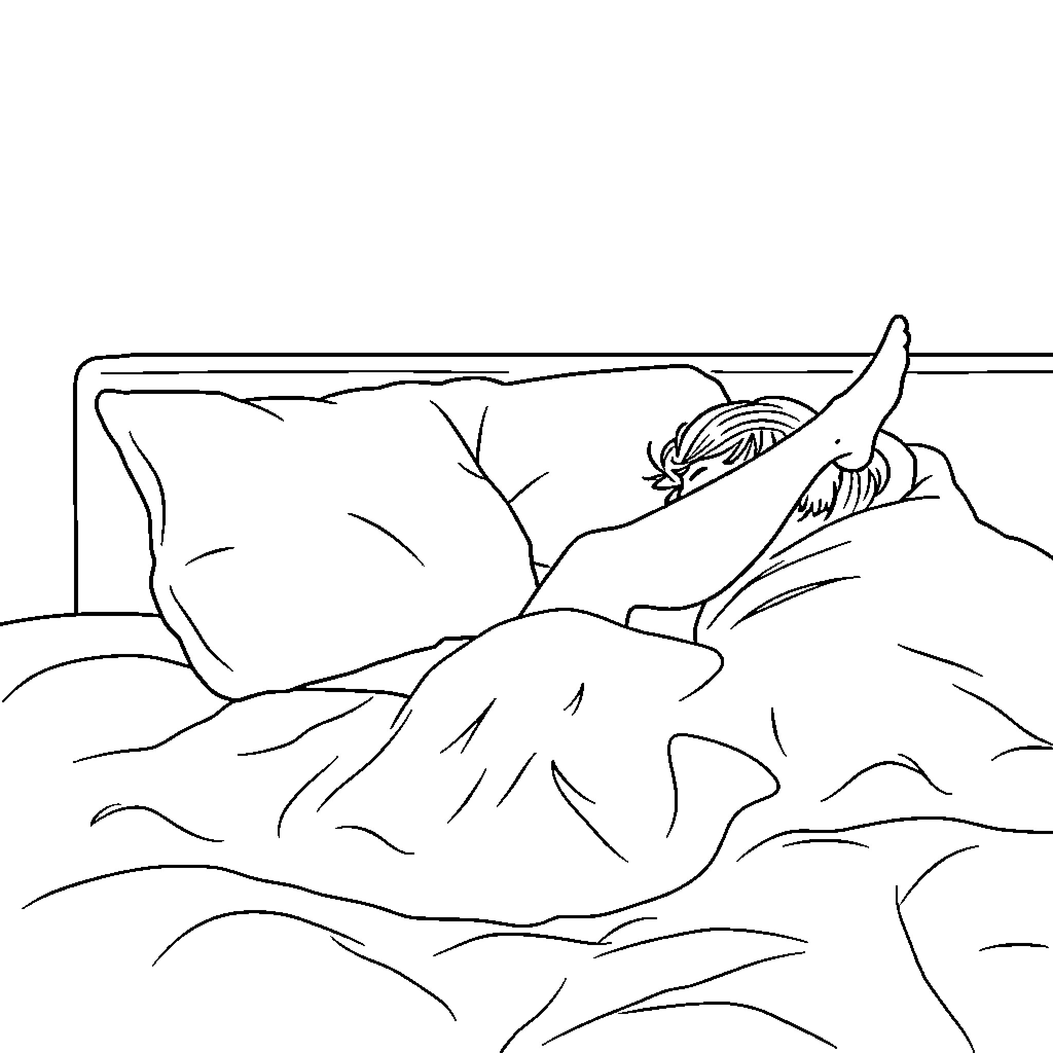 Girl sleeping comfortably in bed Coloring Page (free black-and-white line drawing printable PDF for all, from beginners to advanced learners, including children, teens, adults, and seniors)