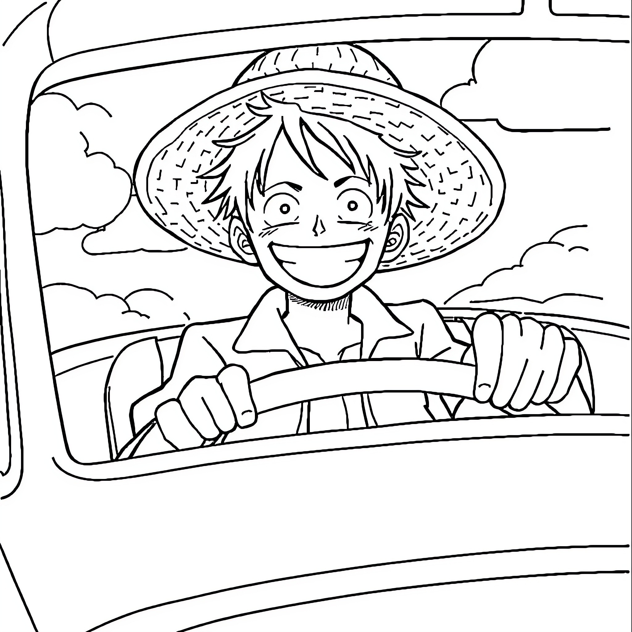 Luffy driving a car with a happy expression Coloring Page (free black-and-white line drawing printable PDF for all, from beginners to advanced learners, including children, teens, adults, and seniors)