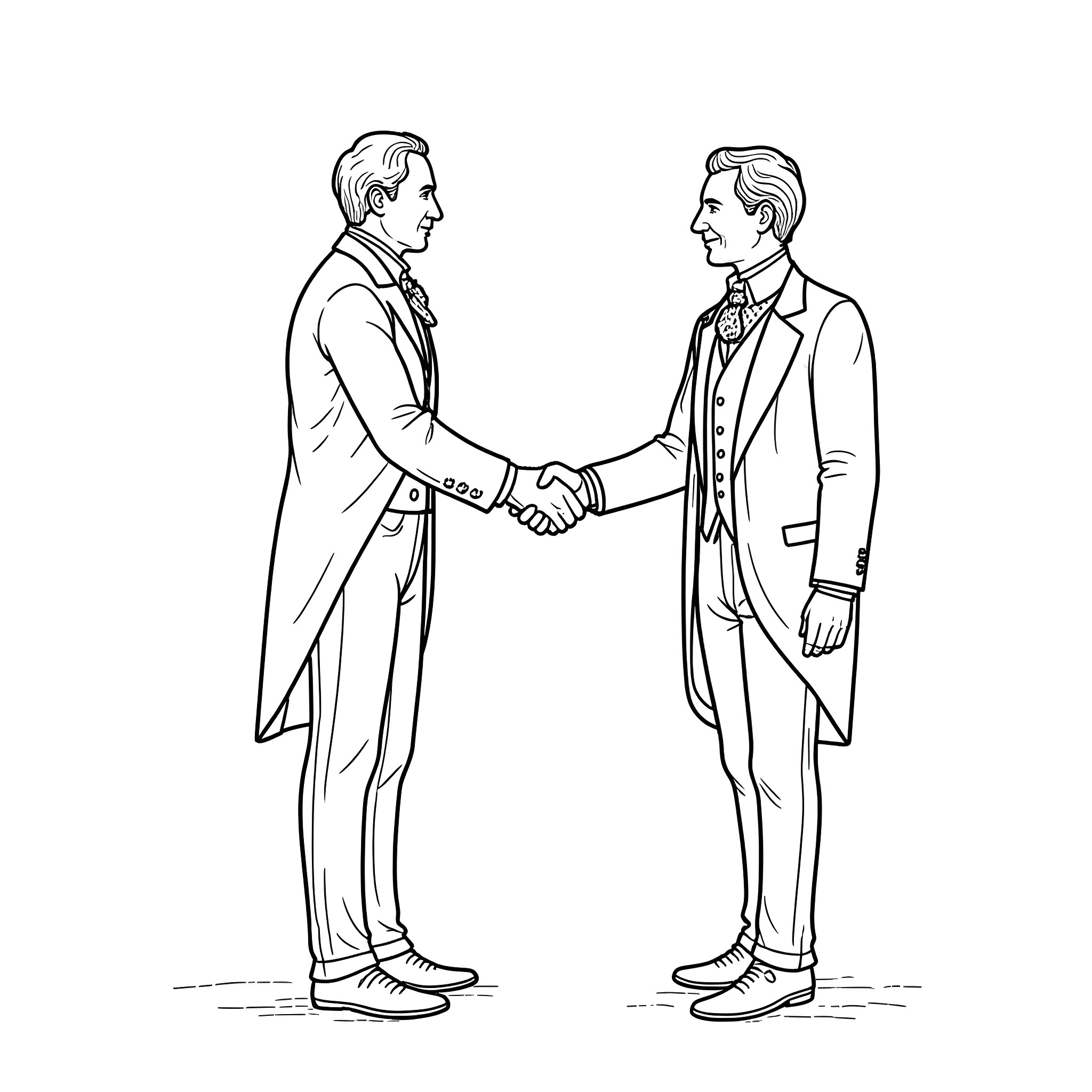 Carl Azuz shakes hands with another man in formal attire Coloring Page (free black-and-white line drawing printable PDF for all, from beginners to advanced learners, including children, teens, adults, and seniors)