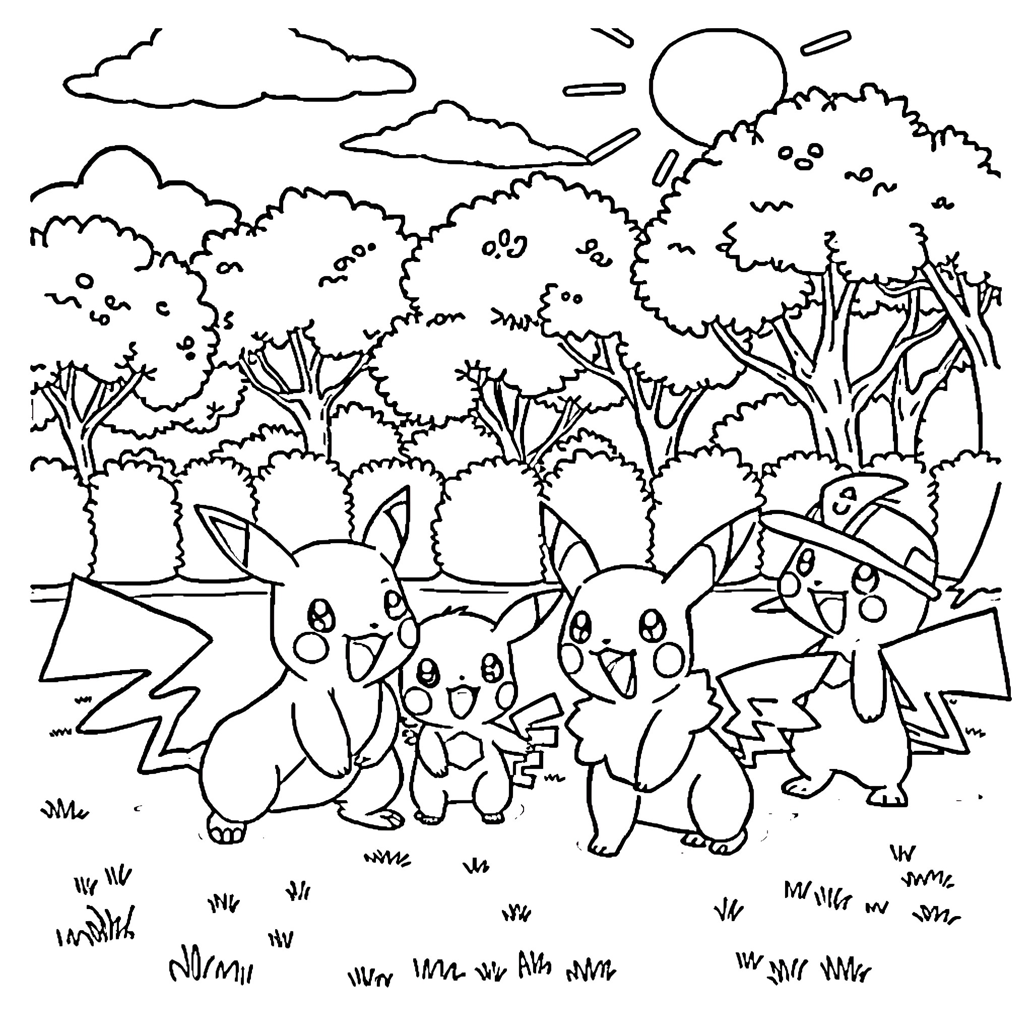 Pokémon characters playing in the forest Coloring Page (free black-and-white line drawing printable PDF for all, from beginners to advanced learners, including children, teens, adults, and seniors)