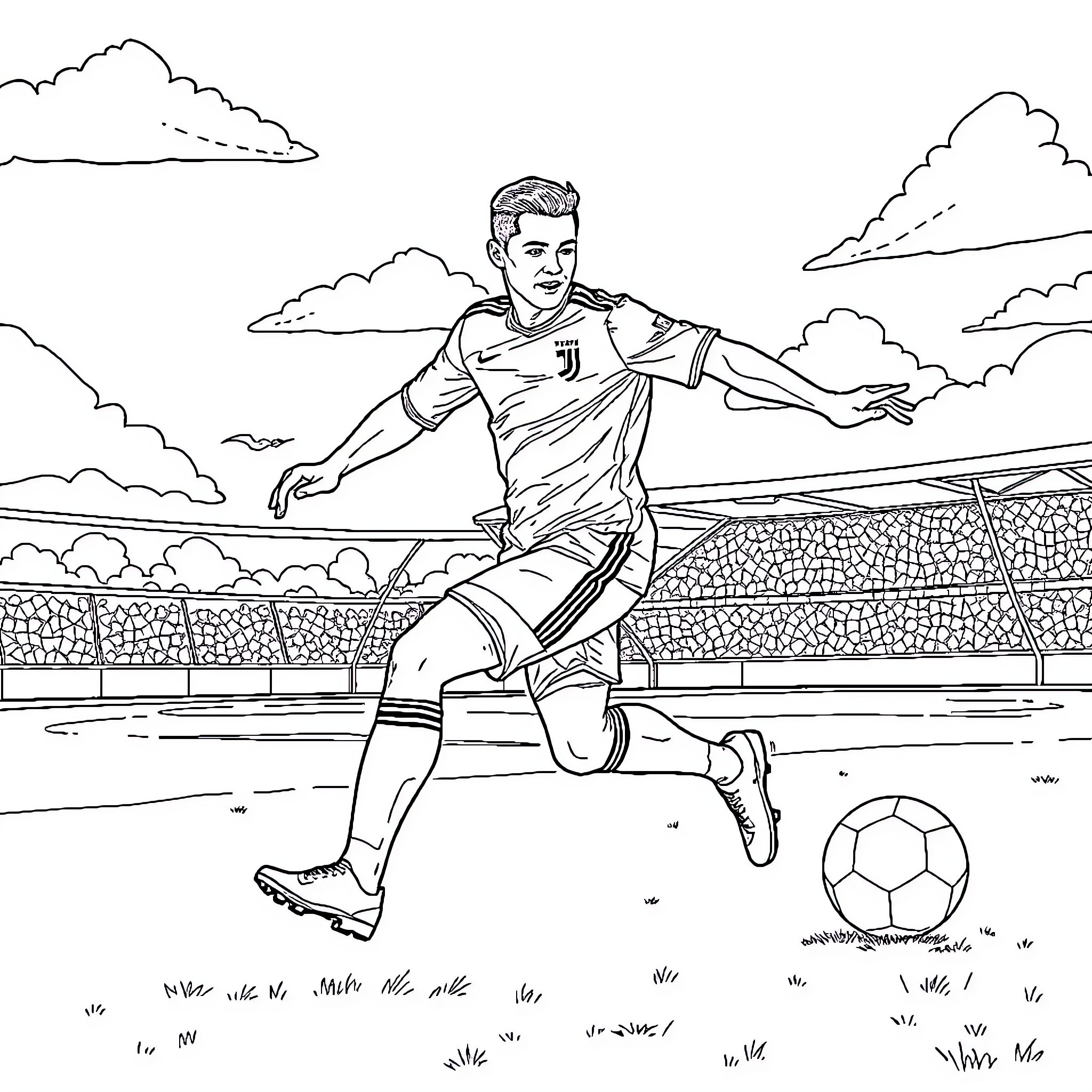 Ronaldo kicking a soccer ball on the field Coloring Page (free black-and-white line drawing printable PDF for all, from beginners to advanced learners, including children, teens, adults, and seniors)